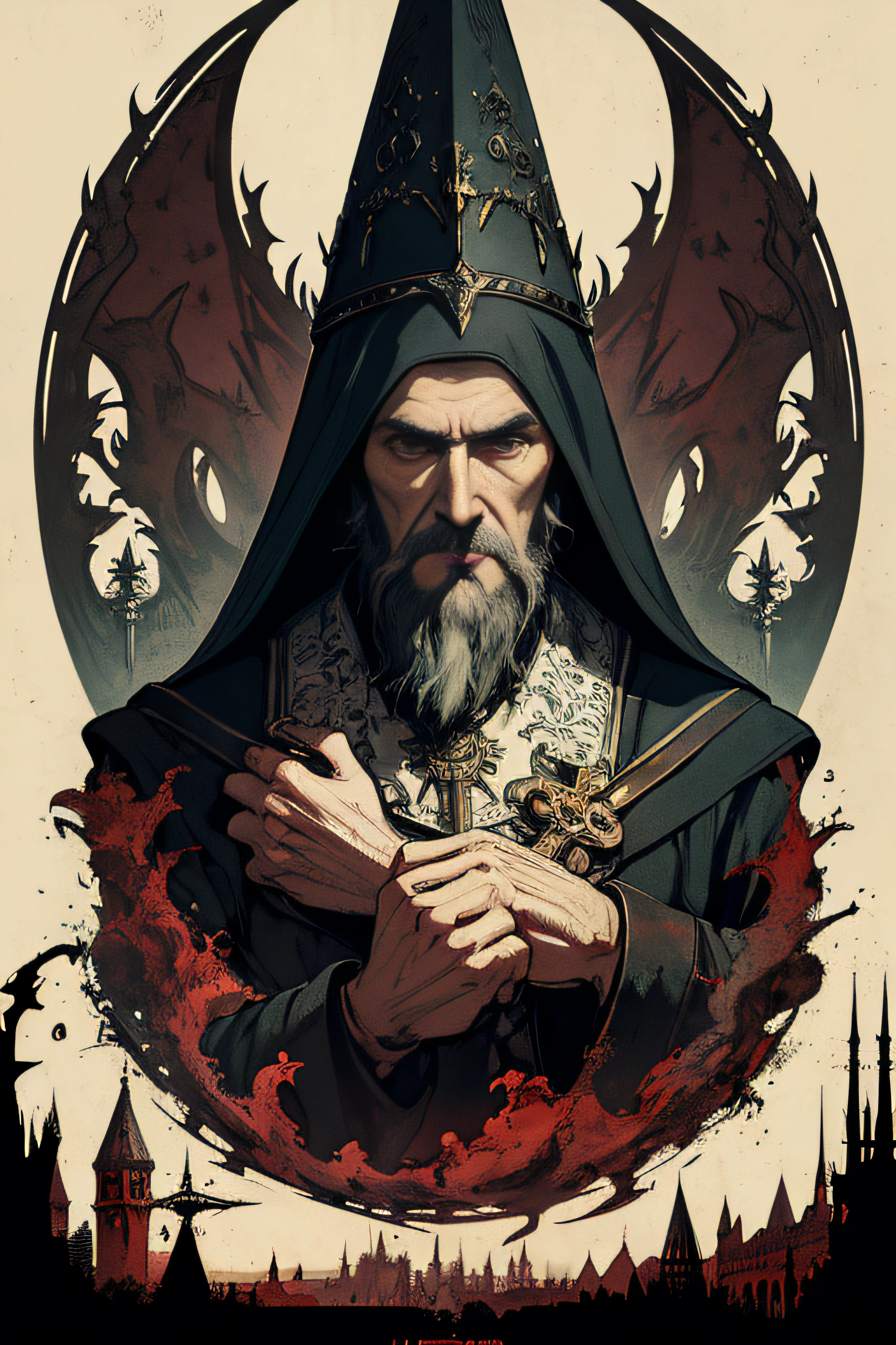 (Masterpiece, Best Quality), 8k Wallpaper, highly detailed, poster, Rasputin, The Mad Monk, Hammer Horror, Christopher Lee, gothic, horror, Russia, horror thriller cinematic movie poster, German expressionism, shapes, lines, abstract, propaganda, gothic, movie poster, vintage, in the style of frank frazetta, low-angle shot.
