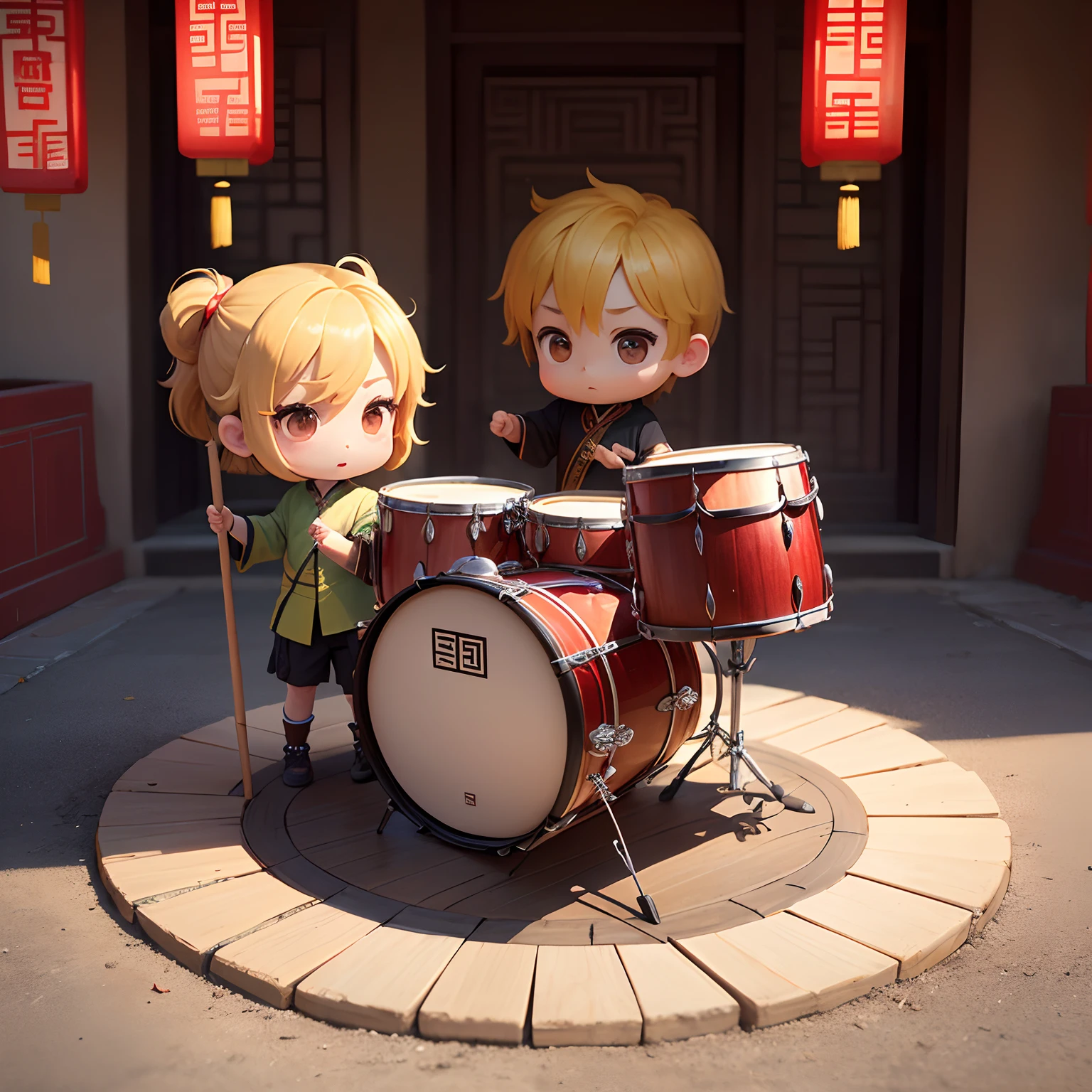 masterpiece、top-quality、ultra-detailliert、(Chibi Chara Ancient Chinese Male:1.2),(It is necessary to put a huge drum on the ground:1.2),The stick must be held with both hands、Use a stick to scratch the surface of the drum.、Fun、full body Esbian、Chinese New Year Festival、