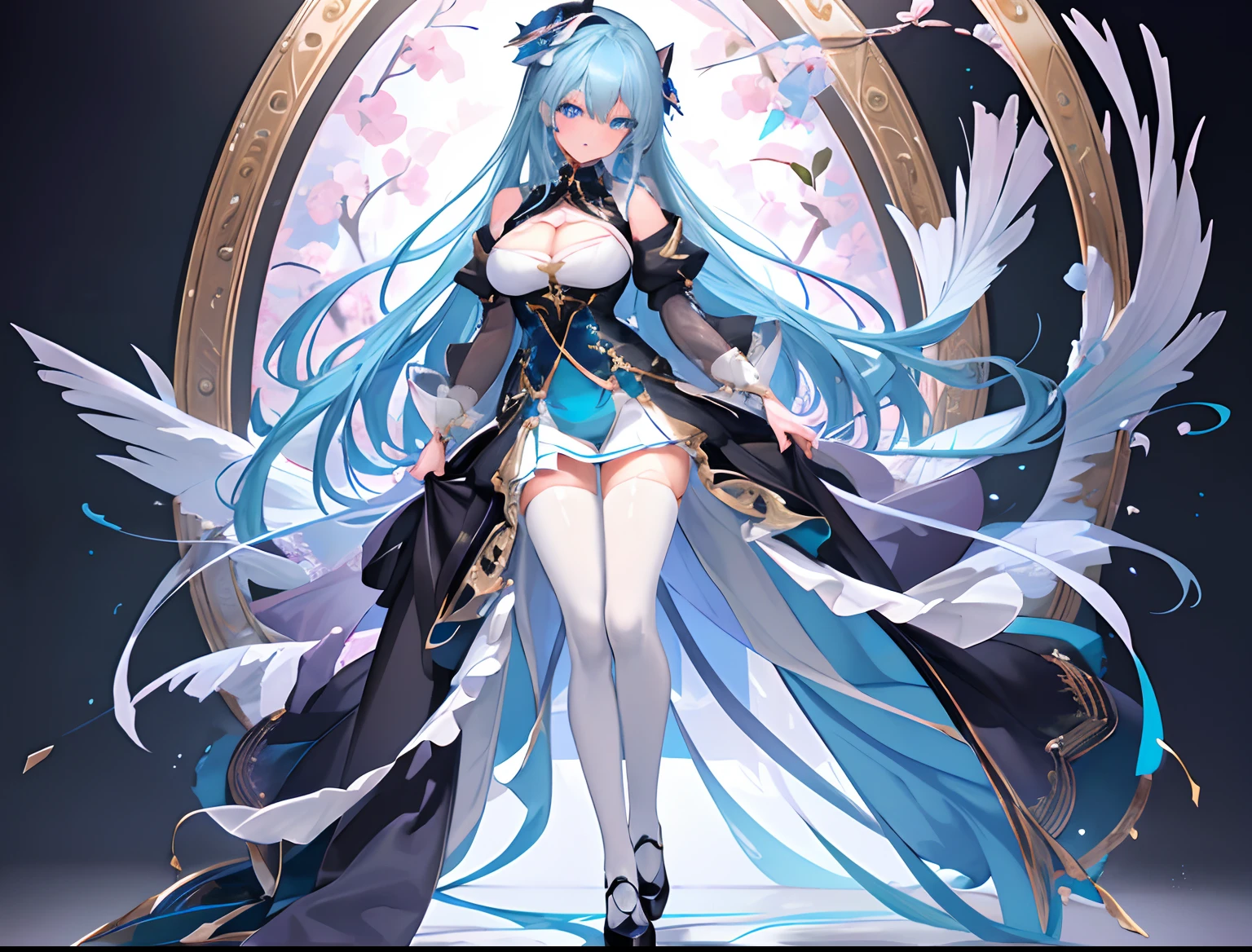 (masterpiece:1.21), (top-quality:1.331), ((ultra-detailliert)), ((Superb illustration)), ((astounding)), (An ultra-high picture quality), Gorgeous and rich graphics, (extremely delicate and beautiful:1.21), 8K, wall-paper, (Very beautiful lighting), hard lights,(beautiful finely detailed eyes)、1girl in、(Full body portrait:1.8)、(Full body:1.2)、 (super detailed skin、detailed skin textures:1.3)、独奏、full bodyesbian、From head to toe、is standing、blue hairs、shorth hair、blue eyess、(Detailed beautiful face and eyes:1.5)、Sharp pupils、(thighs thighs thighs thighs:0.3)、large full breasts、cleavage of the breast、Gray clothes、military outfits、sullenness、frontage、masterpiece、top-quality、black backgrounds、solid background