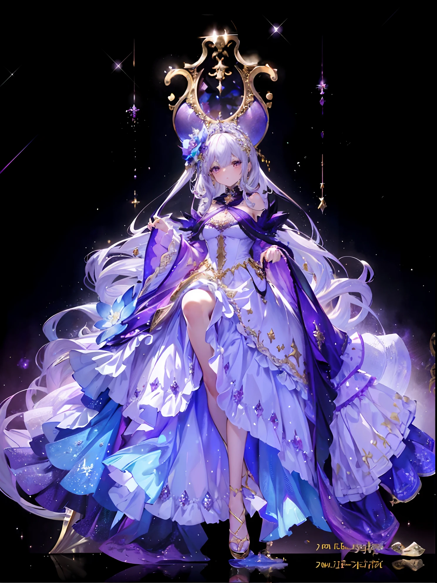 Ultra-realistic photo of a girl in a majestic light purple and gold ball gown dress, Big beautiful dress, Complex puffy ball gown with lots of frills and rhinestones (Best Quality, masutepiece, art  stations, Fantasy Art:1.2), Palace rooms, Beautiful cute girl, (long white hair:1.1), (Complex short gold skirt, Bare legs:1.2, Full body shot)