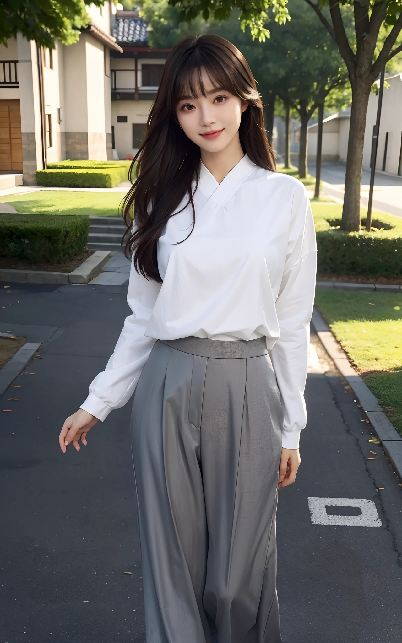 Masterpiece, Best picture quality, High quality, Random outdoor background,Beautiful woman, Japanese, Detailed, Detailed eyes, Detailed skin, Beautiful skin, 超A high resolution, (reality: 1.4),Very beautiful, Slightly younger face, Beautiful skin, Slender, (Ultra photo realsisim), (A high resolution), (8K), (Very detailed) (Beautifully detailed eyes), (Super detailed), leisure wear,a skirt,校服,校服,Pants, (the wallpaper), (Detailed face), view the viewer, Fine details, Detailed face, Smiling, Staring straight ahead, Staring straight ahead, Full-body angle, Realistic photo, Bright lighting, Professional lighting, Mature woman, Brown hair, Sway in the wind Straight hair side by side, Long stylish bangs,