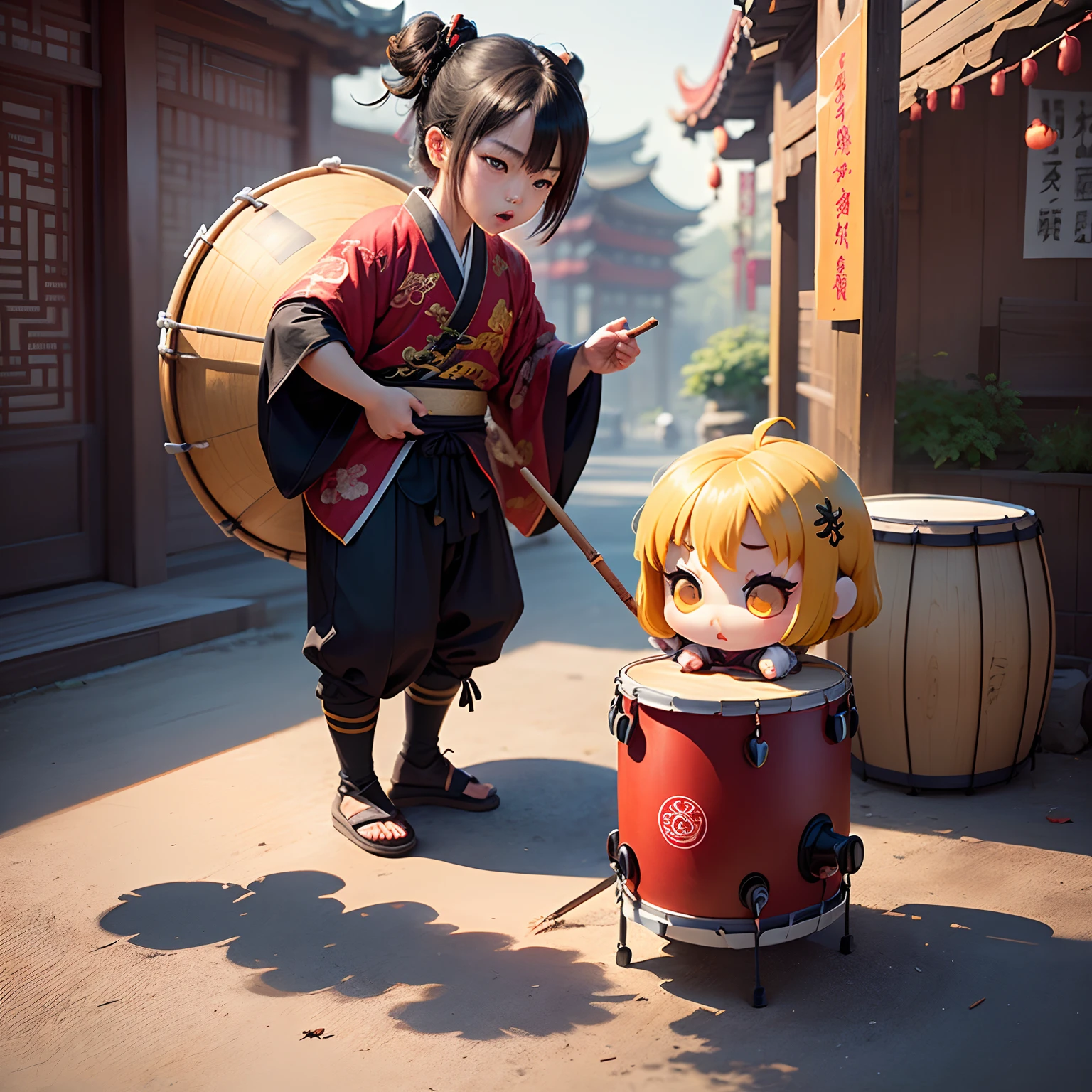 masterpiece、top-quality、ultra-detailliert、(Chibi Chara Ancient Chinese Male:1.2),(You need to put a huge Japanese-style drum on the ground:1.2),The stick must be held with both hands、Use a stick to scratch the surface of the drum.、Fun、full body Esbian、Chinese New Year Festival、