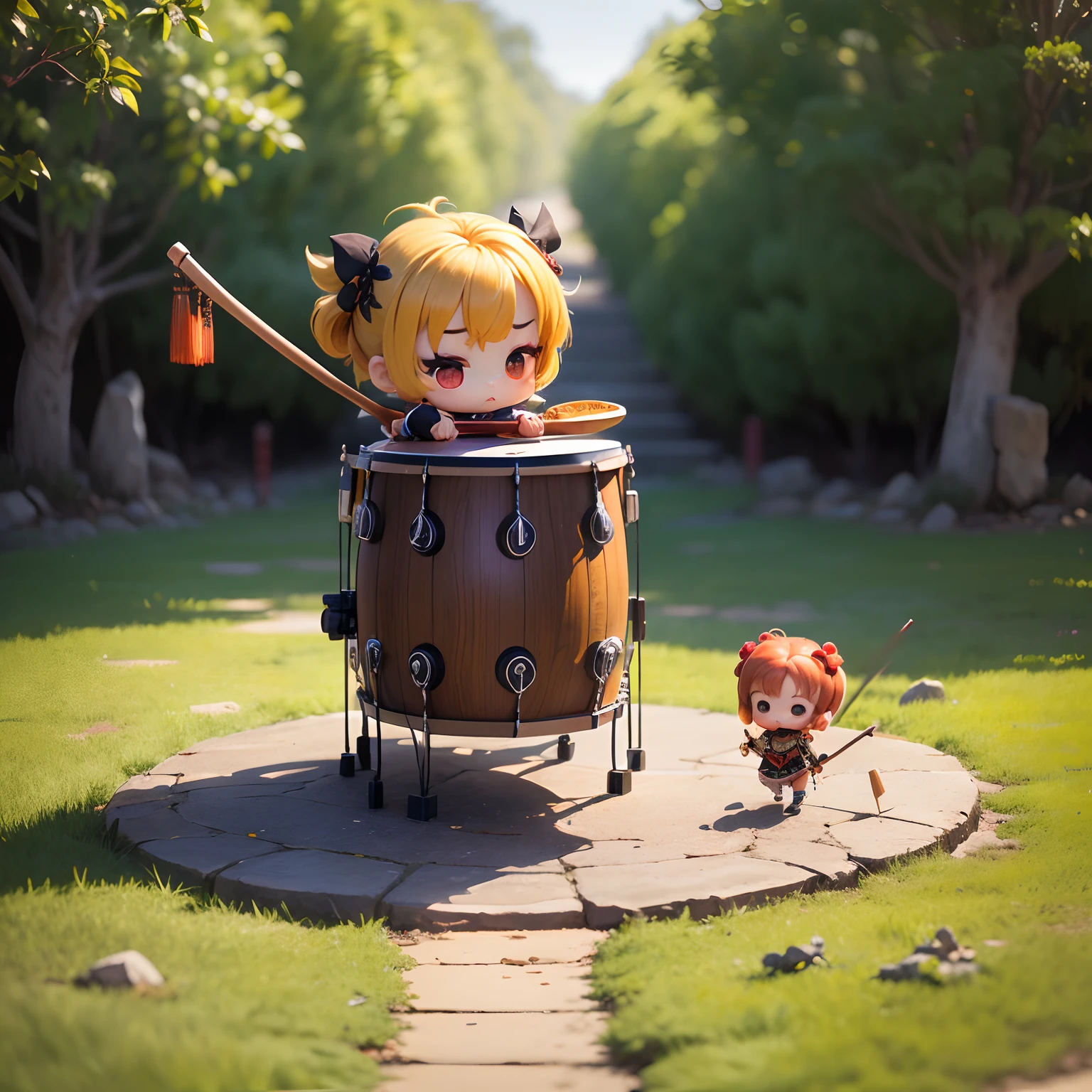 masterpiece、top-quality、ultra-detailliert、(Chibi Chara Ancient Chinese Male:1.2),(You need to put a huge Japanese-style drum on the ground:1.2),The stick must be held with both hands、Use a stick to scratch the surface of the drum.、Fun、full body Esbian、Chinese New Year Festival、