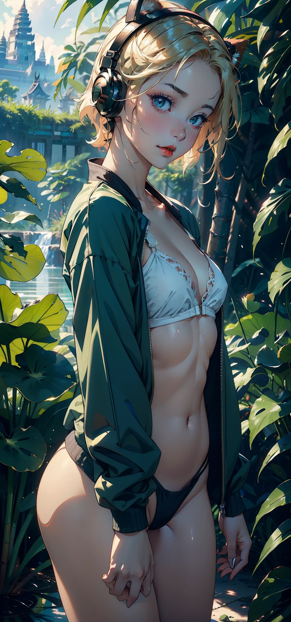 1female,Small , 独奏,(Background with:,Angkor Wat,the rainforest,lotus flower) She has short blonde hair,bobo head,,seen from the front, standing in forest, mostly cloudy sky,(((tmasterpiece),(Very detailed CG unity 8K wallpaper),best qualtiy,cinmatic lighting,detailed back ground,beatiful detailed eyes,Bright pupils,Black eyes,Snow-whiteskin,Redlip(Very fine and beautiful),(Beautiful and detailed eye description),ultra - detailed,tmasterpiece,))facing at camera,A high resolution,ultra - detailed),revealing breasts,Bare genitalia, Bulge,legs are open,Raised sexy,Camel toes,Flushed complexion,Desire for dissatisfaction,frontage,(Wearing:,headset on head,green colored bomber jacket)