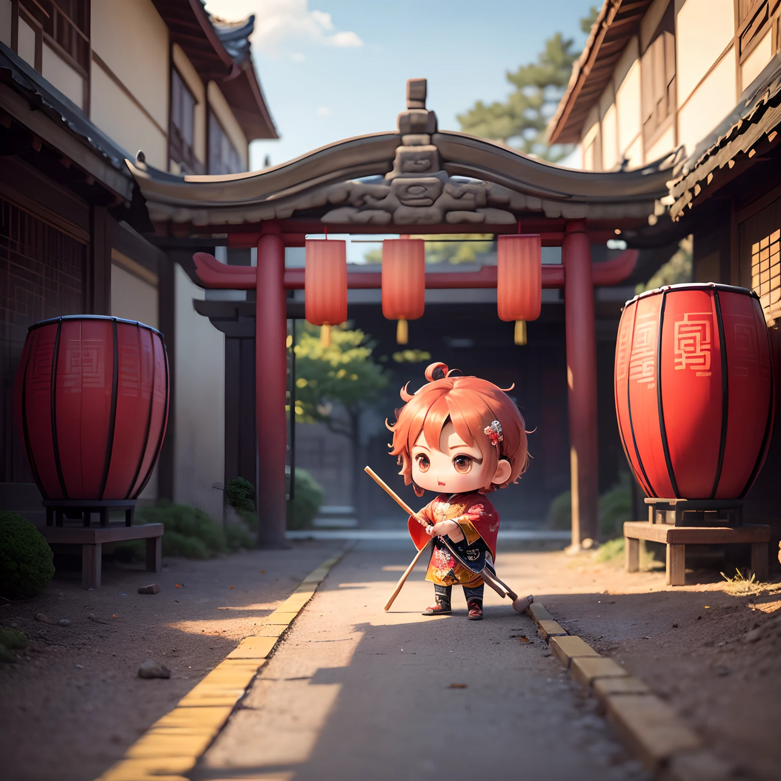 ​masterpiece、top-quality、ultra-detailliert、(Chibi Chara Ancient Chinese Male:1.2),(Huge Japanese drums must be placed on the ground:1.2),The stick must be held with both hands、Use a stick to scratch the surface of the drum.、Fun、full body Esbian、Chinese New Year Festival、