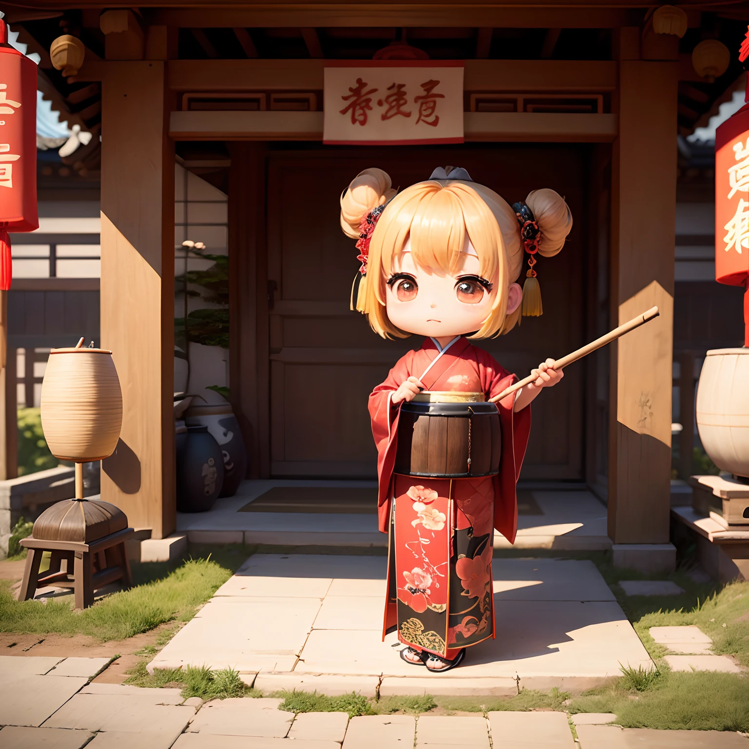 masterpiece、top-quality、ultra-detailliert、(Chibi Chara Ancient Chinese Male:1.2),(Huge Japanese drums must be placed on the ground:1.2),The stick must be held with both hands、Use a stick to scratch the surface of the drum.、Fun、full body Esbian、Chinese New Year Festival、