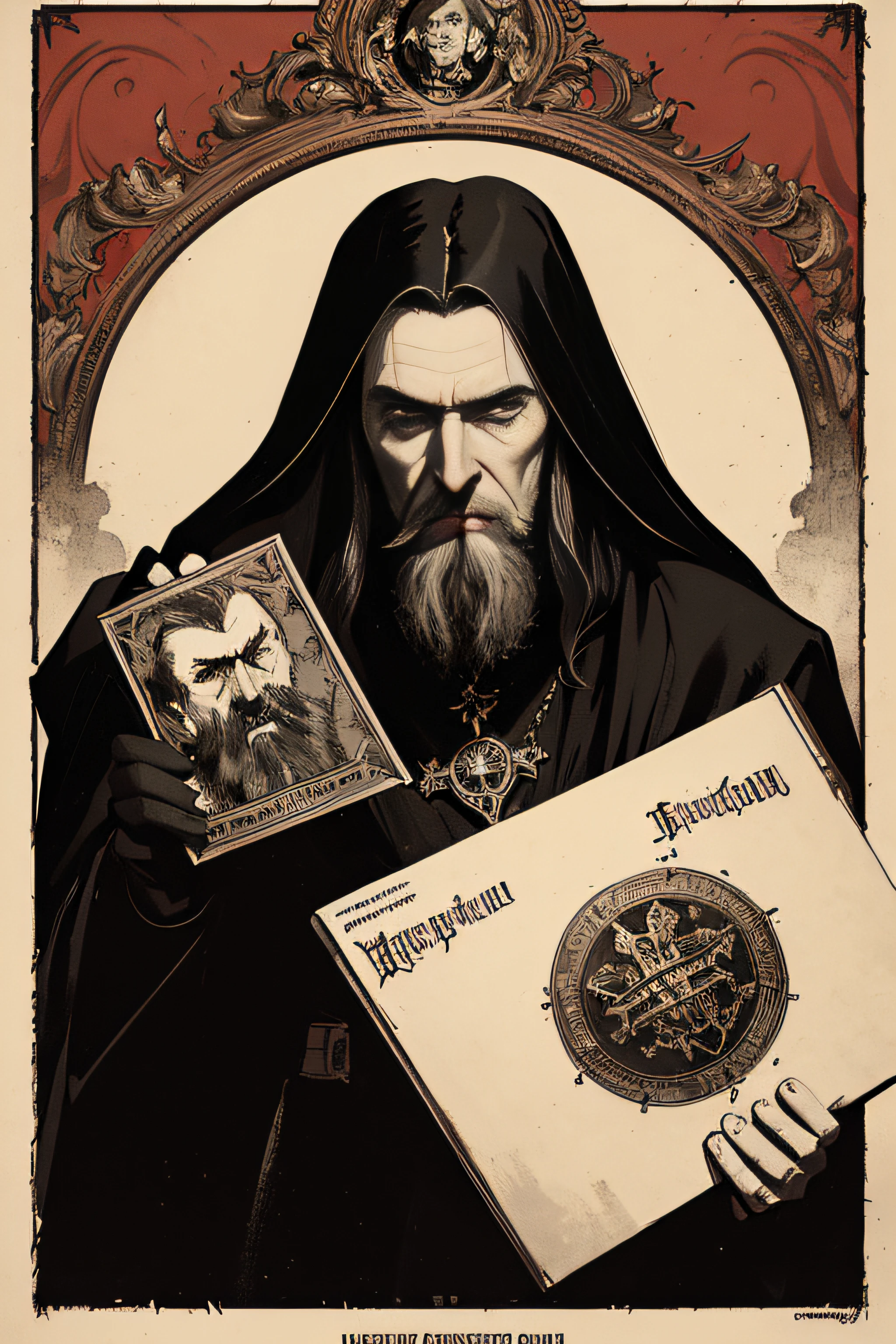 (Masterpiece, Best Quality), 8k Wallpaper, highly detailed, poster, Rasputin, The Mad Monk, Hammer Horror, Christopher Lee, gothic, horror, Russia, horror thriller cinematic movie poster, German expressionism, shapes, lines, abstract, propaganda, gothic, movie poster, vintage, in the style of frank frazetta, low-angle shot.