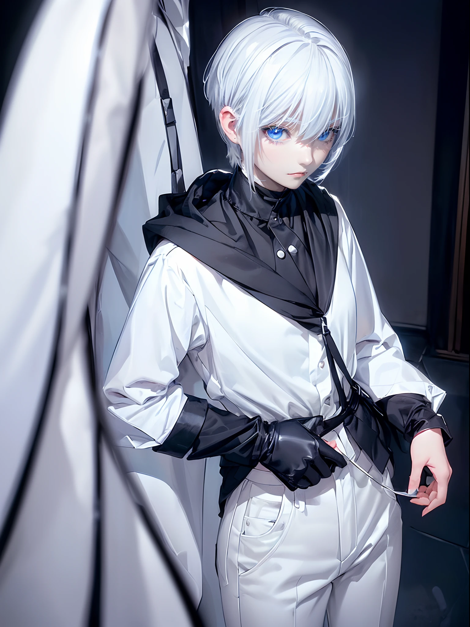 ((4K works))、​masterpiece、(top-quality)、One Beautiful Girl、Slim body、tall、((Black Y-shirt and white pants、Charming street style))、Please wear one jacket、Wearing a hood to hide his face、(Detailed beautiful eyes)、room at night、((Changing clothes))、((Peeking at him through the gap))、((Pitch black room at night))、((Face similar to Carly Rae Jepsen))、((Short-haired white hair))、((Smaller face))、((Neutral face))、((Bright blue eyes))、((American adult women))、((Adult female 26 years old))、((cool lady))、((Like a celebrity))、((deadpan))、((Korean Makeup))、((elongated and sharp eyes))、((Happy dating))、((boyish))、Professional Photos、((Shot alone))、((He's getting dressed))、((He stands in front of the viewer))、((shot from front))、((Voyeur of him while changing clothes))