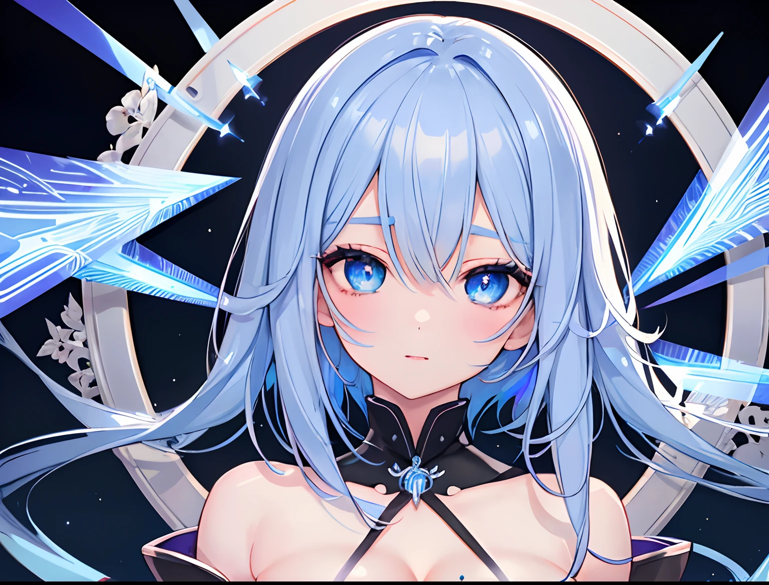 (masterpiece:1.21), (top-quality:1.331), ((ultra-detailliert)), ((Superb illustration)), ((astounding)), (An ultra-high picture quality), Gorgeous and rich graphics, (extremely delicate and beautiful:1.21), 8K, wall-paper, (Very beautiful lighting), hard lights,(beautiful finely detailed eyes)、1girl in、Full body portrait、(Full body:1.2)、 (super detailed skin、detailed skin textures:1.3)、独奏、full bodyesbian、From head to toe、is standing、blue hairs、shorth hair、blue eyess、(Detailed beautiful face and eyes:1.5)、Sharp pupils、(thighs thighs thighs thighs:0.3)、large full breasts、cleavage of the breast、Gray clothes、military outfits、sullenness、frontage、masterpiece、top-quality、black backgrounds、solid background