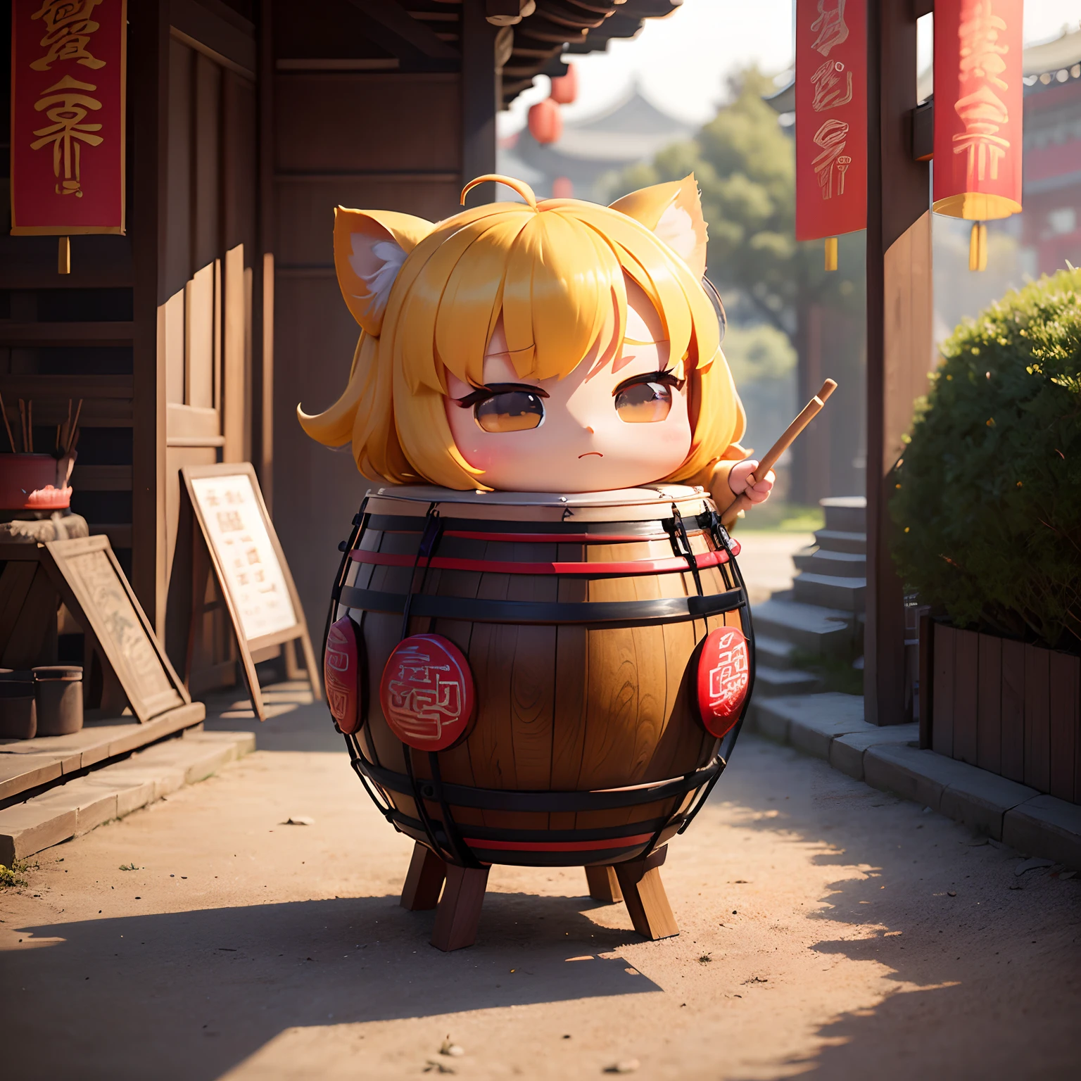 masterpiece、top-quality、ultra-detailliert、(Chibi Chara Ancient Chinese Male:1.2),(Huge Japanese drums must be placed on the ground:1.2),The stick must be held with both hands、Use a stick to scratch the surface of the drum.、Fun、full body Esbian、Chinese New Year Festival、