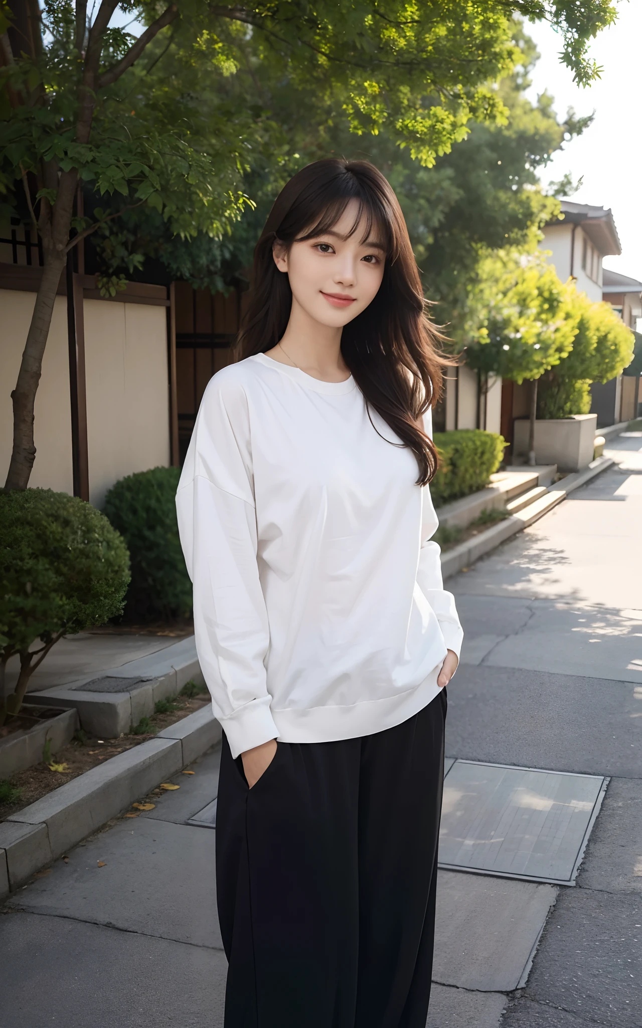 Masterpiece, Best picture quality, High quality, Random outdoor background,Beautiful woman, Japanese, Detailed, Detailed eyes, Detailed skin, Beautiful skin, 超A high resolution, (reality: 1.4),Very beautiful, Slightly younger face, Beautiful skin, Slender, (Ultra photo realsisim), (A high resolution), (8K), (Very detailed) (Beautifully detailed eyes), (Super detailed), leisure wear,a skirt,校服,校服,Pants, (the wallpaper), (Detailed face), view the viewer, Fine details, Detailed face, Smiling, Staring straight ahead, Staring straight ahead, Full-body angle, Realistic photo, Bright lighting, Professional lighting, Mature woman, Brown hair, Sway in the wind Straight hair side by side, Long stylish bangs,