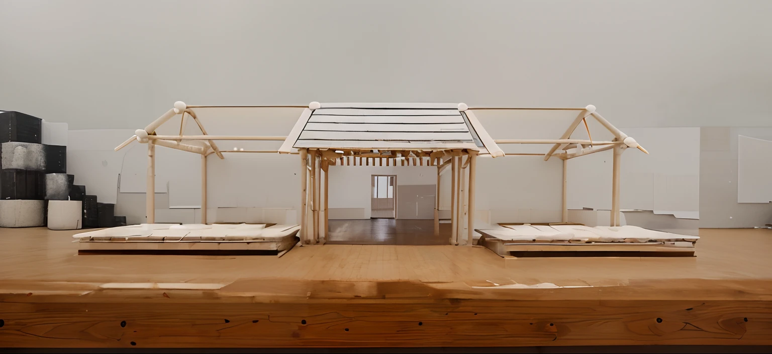 This work is inspired by traditional bucket architecture,The theme of the building is three rooms wide,Close to one,The roof truss is a bucket structure,Feeding tables on both sides,The center of the building is the cat plate