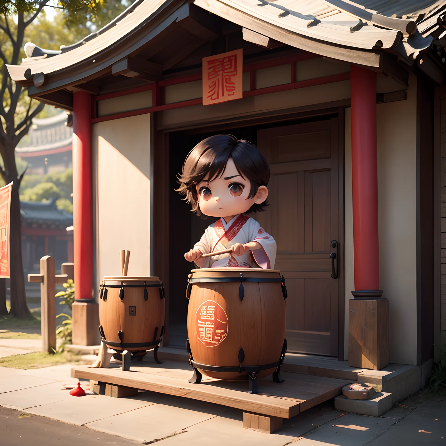 masterpiece、top-quality、ultra-detailliert、(Chibi Chara Ancient Chinese Male:1.2),(Huge Japanese drums must be placed on the ground:1.2),The stick must be held with both hands、Use a stick to scratch the surface of the drum.、Fun、full body Esbian、Chinese New Year Festival、