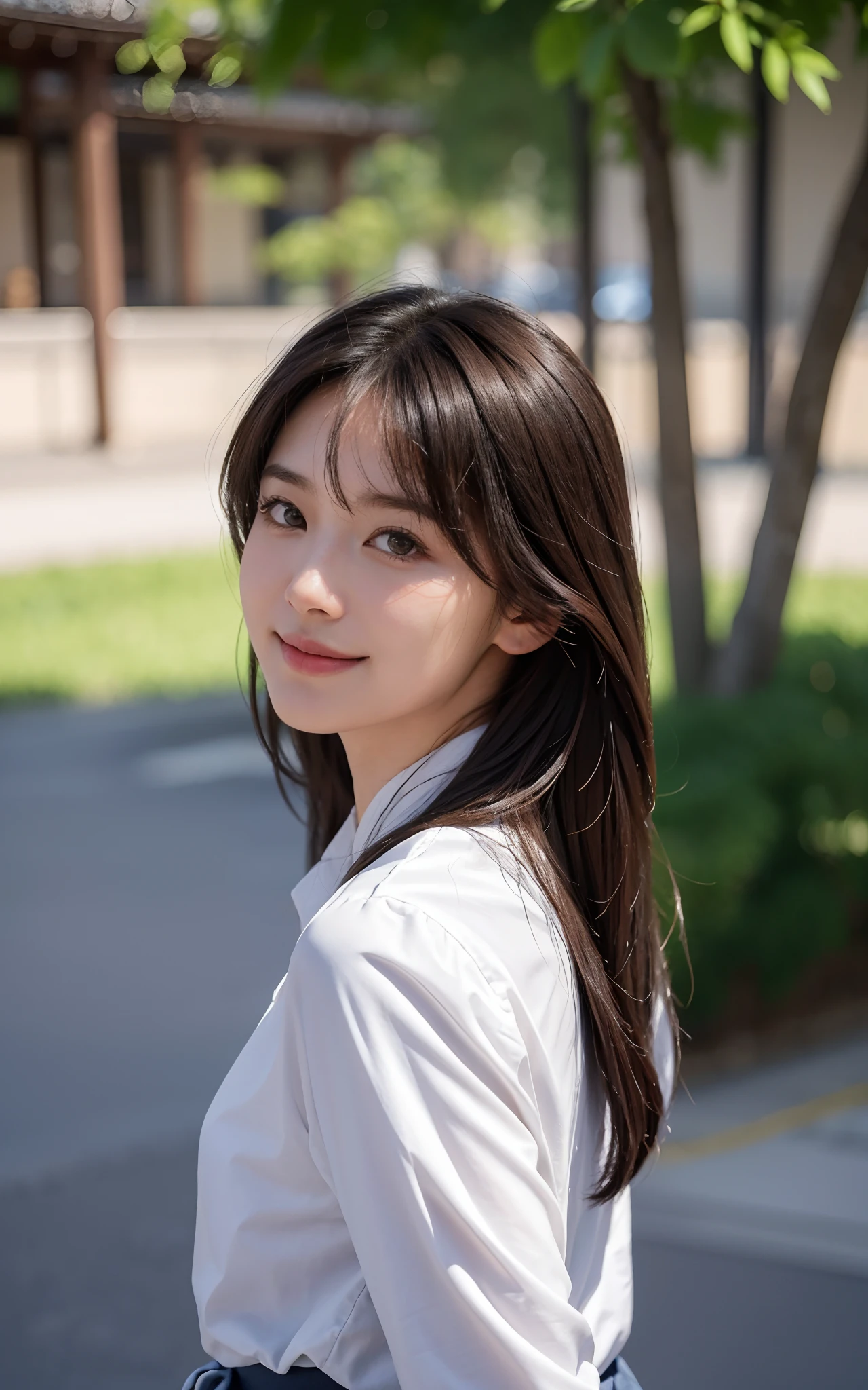 Masterpiece, Best picture quality, High quality, Random outdoor background,Beautiful woman, Japanese, Detailed, Detailed eyes, Detailed skin, Beautiful skin, 超A high resolution, (reality: 1.4),Very beautiful, Slightly younger face, Beautiful skin, Slender, (Ultra photo realsisim), (A high resolution), (8K), (Very detailed) (Beautifully detailed eyes), (Super detailed), leisure wear,a skirt,校服,校服,Pants, (the wallpaper), (Detailed face), view the viewer, Fine details, Detailed face, Smiling, Staring straight ahead, Staring straight ahead, Full-body angle, Realistic photo, Bright lighting, Professional lighting, Mature woman, Brown hair, Sway in the wind Straight hair side by side, Long stylish bangs,
