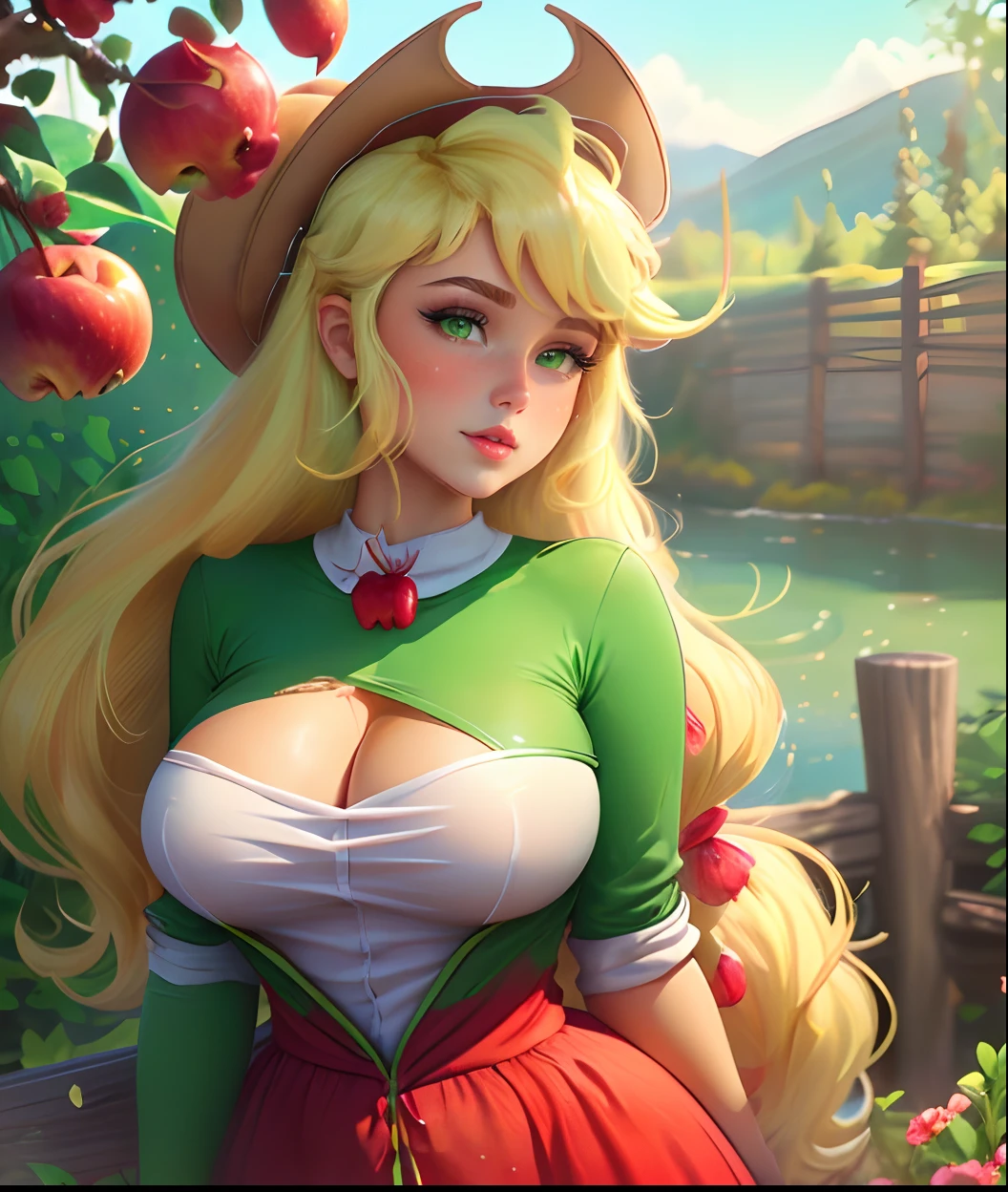 Apple Jack, Apple Jack from my Little Pony, Apple Jack in the form of a girl, long hair, voluminous breasts, very large breasts, lush breasts, bulging breasts, green and red clothes, cow boy hat, picks apples, forest background, apple farm, emerald eye, blonde yellow hair, big bright green eyes, ((white fence)), ((river with flowers))