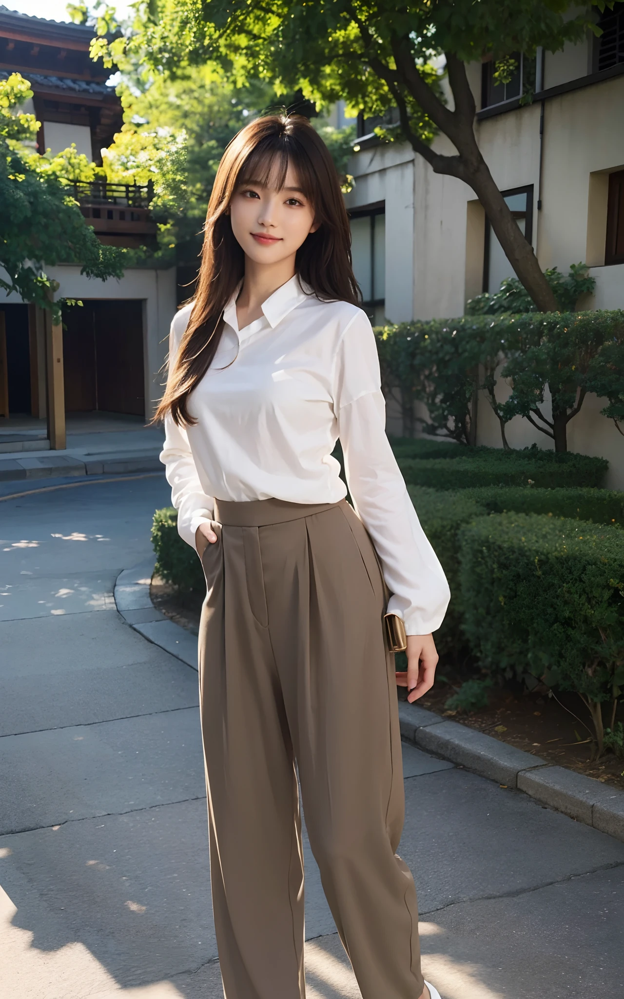 Masterpiece, Best picture quality, High quality, Random outdoor background，Beautiful woman, Japanese, Detailed, Detailed eyes, Detailed skin, Beautiful skin, 超A high resolution, (reality: 1.4),Very beautiful, Slightly younger face, Beautiful skin, Slender, (Ultra photo realsisim), (A high resolution), (8K), (Very detailed) (Beautifully detailed eyes), (Super detailed), leisure wear，a skirt，校服，校服，Pants, (the wallpaper), (Detailed face), view the viewer, Fine details, Detailed face, Smiling, Staring straight ahead, Staring straight ahead, Full-body angle, Realistic photo, Bright lighting, Professional lighting, Mature woman, Brown hair, Sway in the wind Straight hair side by side, Long stylish bangs,