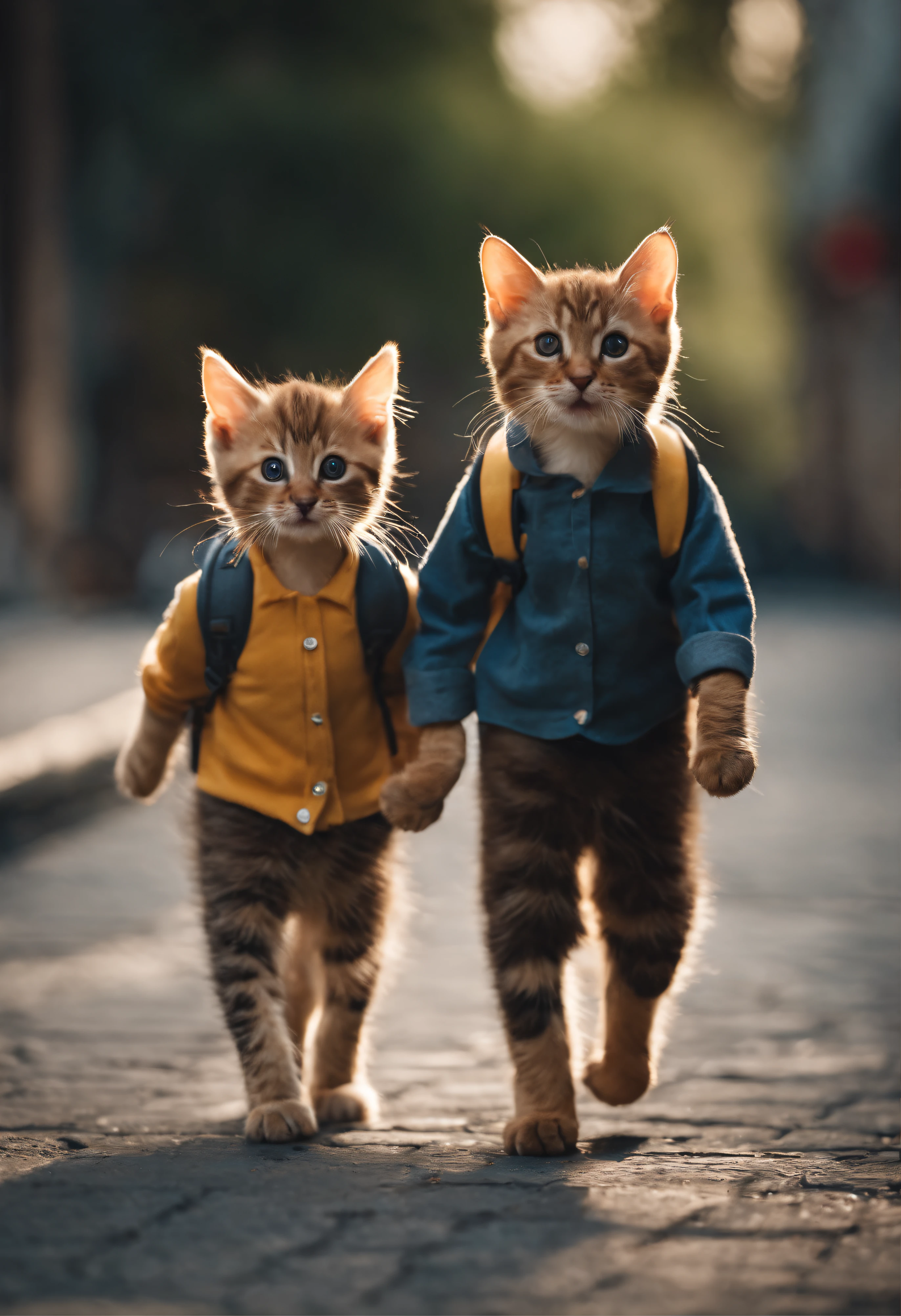 I have two  kittens, a cute little cat, cute kittens, Cutest, Incredibly cute, Adorable and cute, And cute and lovely. They are walking down the street with backpacks, Walking together, commute, Proudly walk down the street, And the cat is walking. They are cute in the style of 🍂 and 🍁, Adorable and cute, Cute and adorable, oh, nice and cute. They are known as real-life Tom and Jerry.