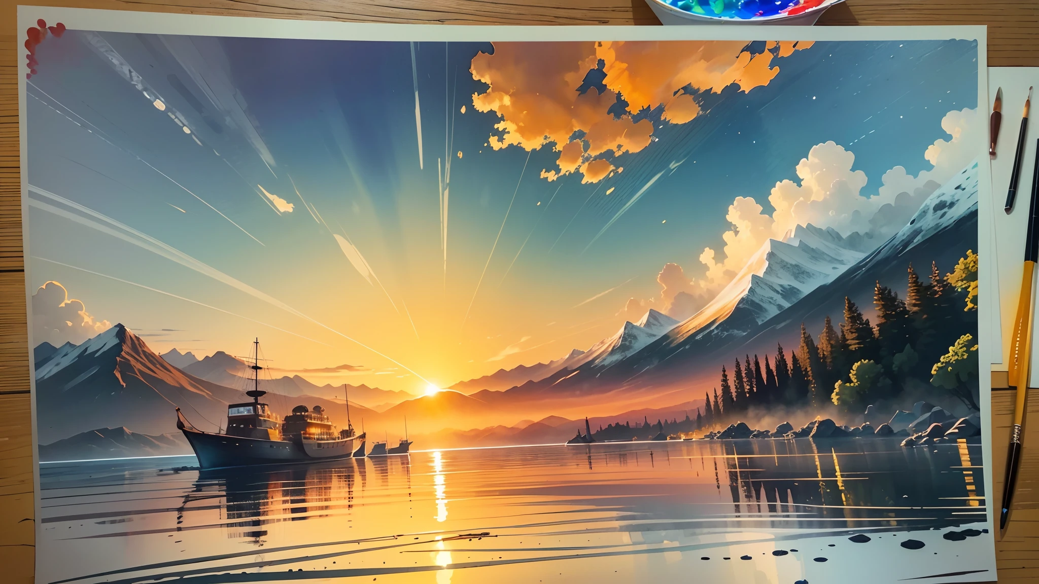 Every dawn is a new chance to make a difference. Make the most of this day and make it happen!, A vibrant sunrise over a calm ocean, reflecting the golden and orange colors, mountains in the distance creating a majestic silhouette, Feeling of peace and renewal, Painting, watercolor on paper, --auto --s2