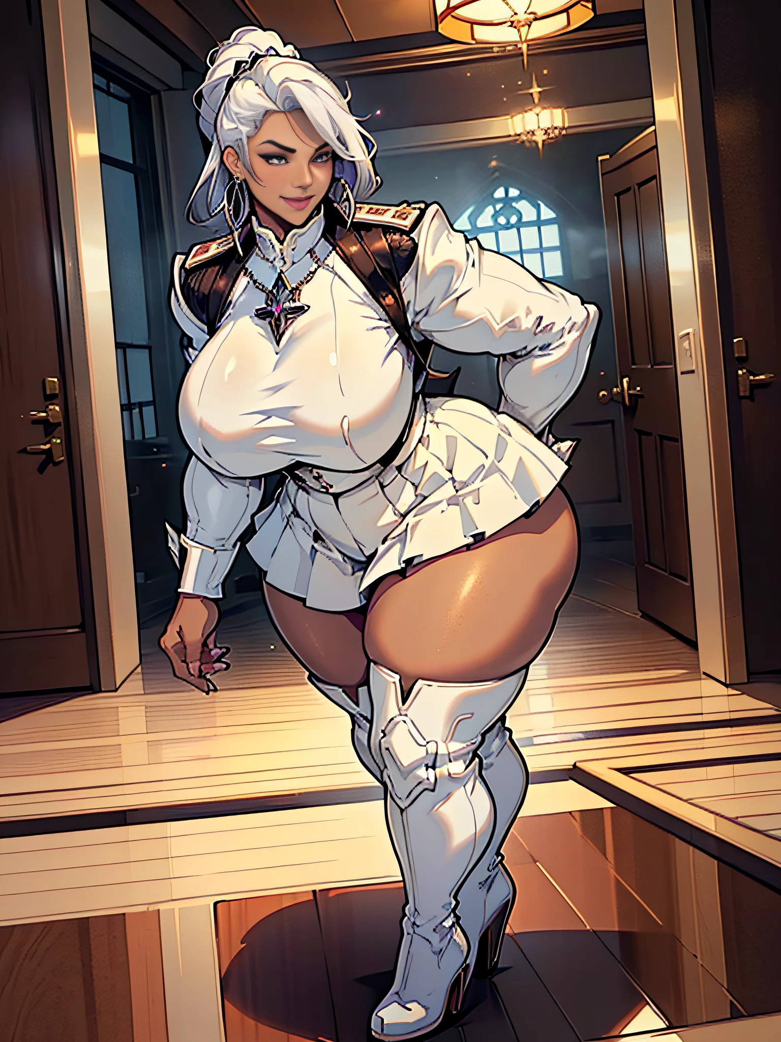 Elaborate CG artwork, (best qualtiy, exquisite detailing, absolute masterpiece), (Head to Toe Image)), ((Full body image)),((frombelow,posterior view)),(plus size model)),((White tight military uniform and white pleated mini skirt,White high-heeled thigh boots)), (((mahogany colored dark skin))), ((shorth hair)),(独奏,Beautiful with mahogany black skin、Immaculate costume、Wear white high-heeled thigh-high boots),(((Light silver hair))), Detailed beautiful mature face, very detailed beautiful face and eyes, (detailed seductive and sharp eyes), (plump shiny purple lips)), (Purple Eye Shadow), blush, (sadistic seductive smile), (Curvaceous), ( unbelievably huge curvaceous hips), (very huge sensual ass), (ridiculously massive thick thighs), (glittery skin), (wet oily skin), Fingernail Art, Jewelry, Bracelet, hoop earrings