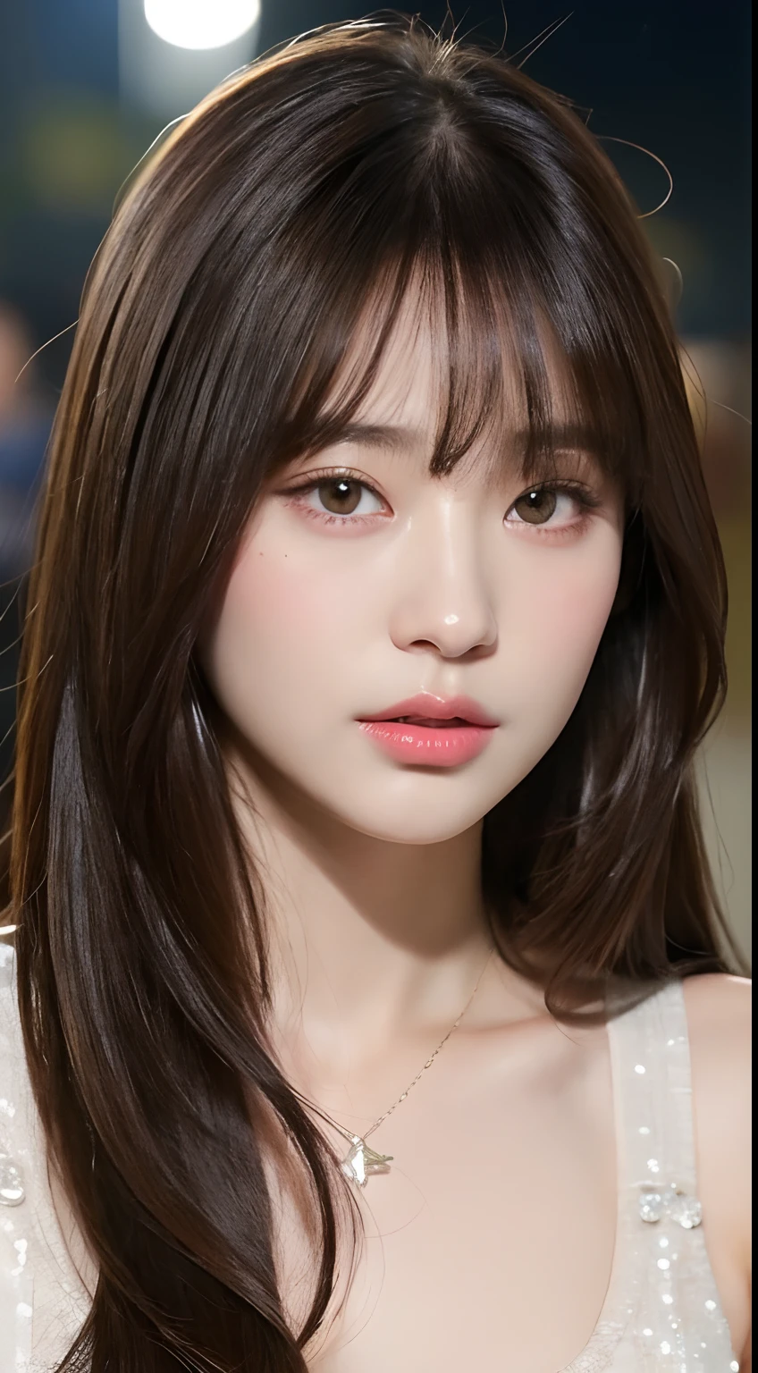 8K, Tabletop, RAW Photos, Highest quality, Realistic, Highly detailed CG Unity 8k wallpaper, Depth of written boundary, Cinematic Light, Lens flare, Ray Tracing, (Very beautiful face, Beautiful Lips, Beautiful Eyes), Exquisitely detailed face, ((Highly detailed skin)) One Girl, In the Dark, Deep Shadow, Cute Korean Girl, Flashy makeup using red eyeshadow,Her shortcut, Delicate light brown hair、It's a bit messy with side waves..,Wearing large ring earrings,K-Pop Idols, 1 Girl, (Very slim and slender fit muscular body:1.3), ((View your viewers)),(Big smile:1.3), (Sleeve Fashion City Night, Precision by hand,Dark Night, (Neon Signs), (Blurred Background), Fashion Street Night),(No people in the background:1.3), Beautiful earrings, bracelet, necklace, pantyhose, Clear Eyes, walking, (Pale skin), (Big Eye Ace Forward, ((Upper Body Shot)), ((Super mini color silk dress:1.3)),(Brown Hair),((Tight-fitting lace dress)), (See through), Open chest, Very slim, Medium chest, Backtrack,((Buckshot)), See through, Medium sized butt, Super super mini skirt, updo, ((Spread your thighs)),(Sexy pose with a little butt sticking out),Shooting from below:1.4