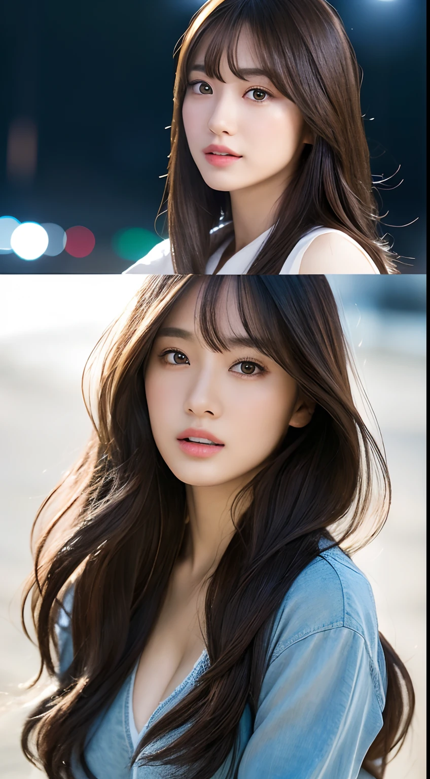 Best quality, realistic, realistic, extremely detailed, extremely delicate and beautiful, RAW photo, professional lighting, facial lighting, depth of field, single focus, full body, a 19 year old asian woman, (night, beach, starry sky: 1.4), brown hair, brown eyes, smaller head, ((big breasts)), sexy girl, black hair, long hair with bangs, beautiful eyes, real face, real skin, realistic face, realistic skin, detailed eyes, detailed facial features, detailed clothes features, (fashionable clothes: 1.3 ), (fashionable hairstyles: 1.3) dynamic poses, looking at viewer, detailed face and chest, (pureerosface_v1:0.33), (ulzzang-6500:0.33), LONG HAIR WITH BANGS