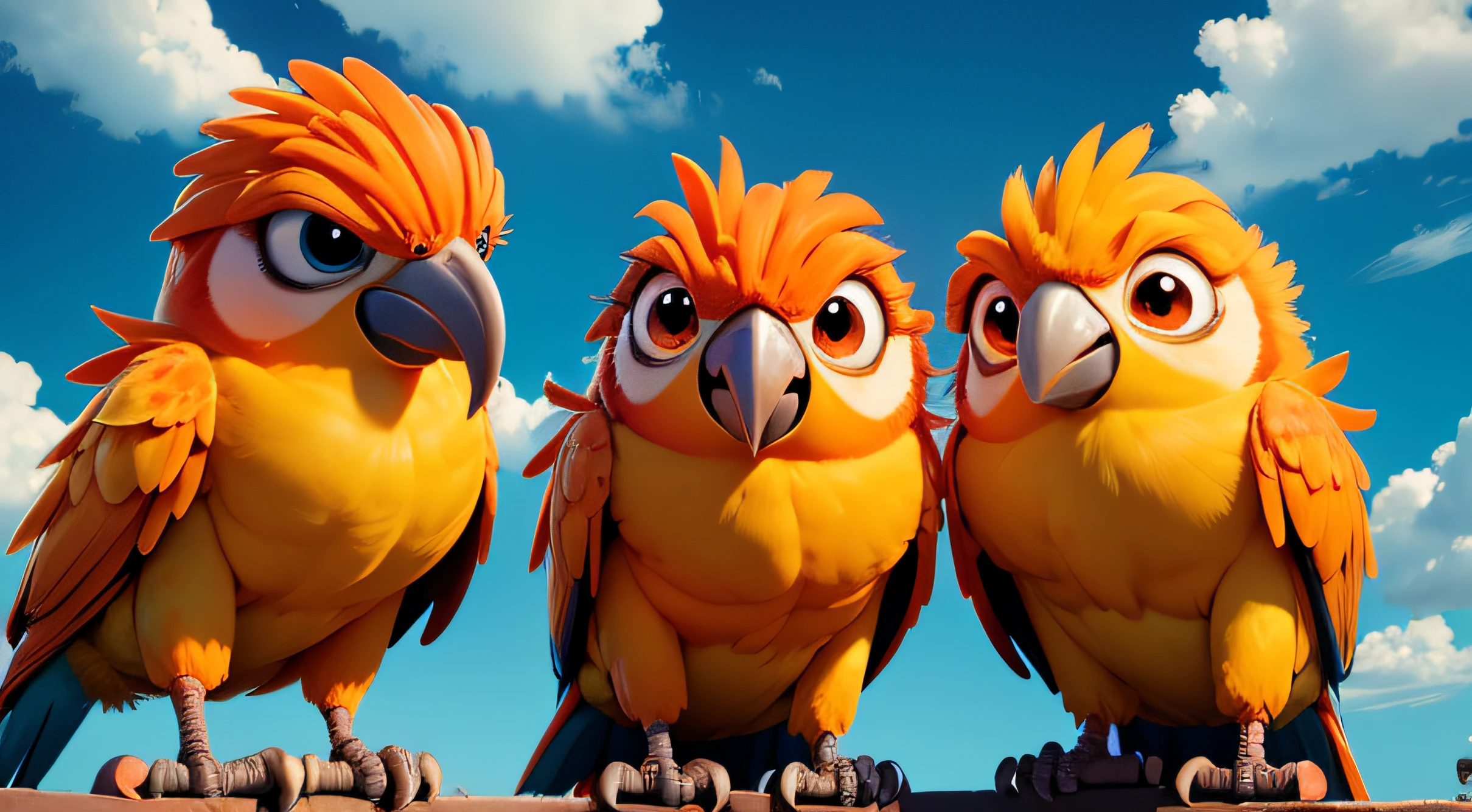 front view of a three adorable orange parrots, Close-up, Pixar style movie, amazing sky, Water Well, so cute, big eyes, bright eyes, pretty eyes, happy