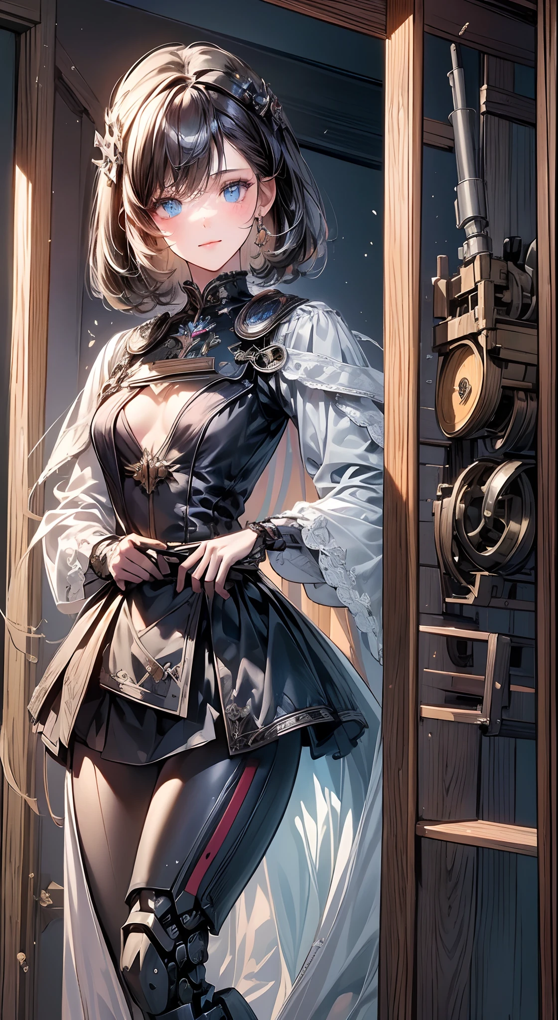 (((masterpiece)))、((top-quality))、(The ultra-detailliert)、(CG Illustration)、(Very Beautiful ))、Cinematic Light、((1 Mechanical Girl))、 scientific fiction、Apocalypse、Erotic grotesque、research institute(Beautiful and indulgent:1.2)、(1girl in:1.3)、Facing the front,Shorthair,
