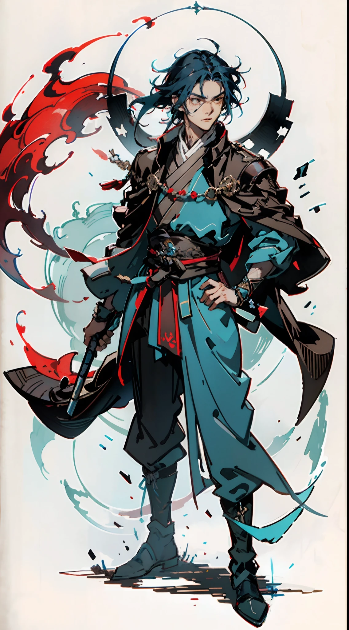 A young man with long slate-blue hair, disheveled and flying hair, sharp gaze, a resolute countenance, he has a mixed West Asian and Eastern European appearance, a fantasy wuxia-style tight-fitting trench coat robe, with a flowing hem, the color scheme is mainly white, with red and white-blue as secondary colors, dark trousers, thick cloth boots, he stands in a majestic posture, while the surrounding space shatters and ruptures with energy, this character embodies a finely crafted fantasy-style Chinese martial hero in anime style, characterized by an exquisite and mature manga illustration art style, full body character drawing, high definition, best quality, highres, ultra-detailed, ultra-fine painting, extremely delicate, professional, anatomically correct, symmetrical face, extremely detailed eyes and face, high quality eyes, creativity, RAW photo, UHD, 8k, Natural light, cinematic lighting, masterpiece:1.5