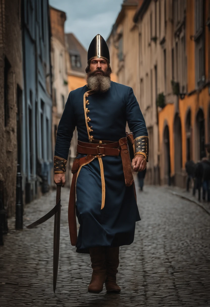 homme fort, Looking like a hero, Real, detailded, 4K, HDR, Chef d'oeuvre, dans une ville de style belgique, barbu, with a helmet on your head,