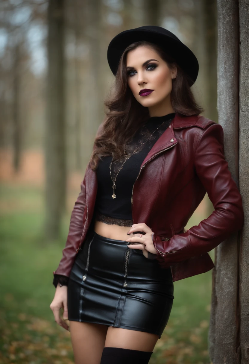 Beautiful woman in leather clothes mini skirt wearing black stockings