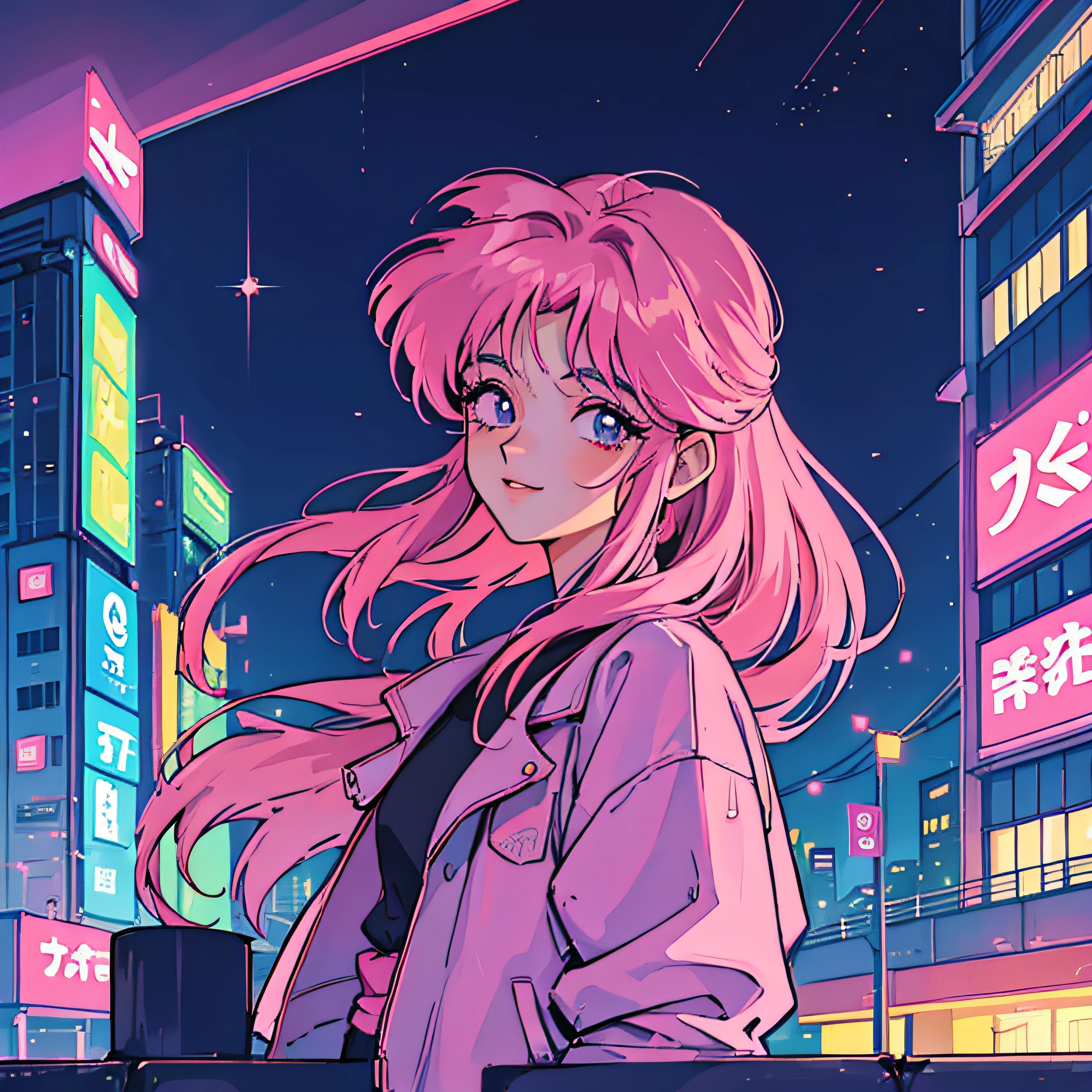 garota de cabelos curto, cabelos curto e rosa, paisagem urbana cyberpunk , cidade a noite, colorido, anime anos 90, anos 90, lofi, neon, retro, muitas lojas, sorrindo, de frente para mim , cabelos curto, cabelos rosa, rua cheia