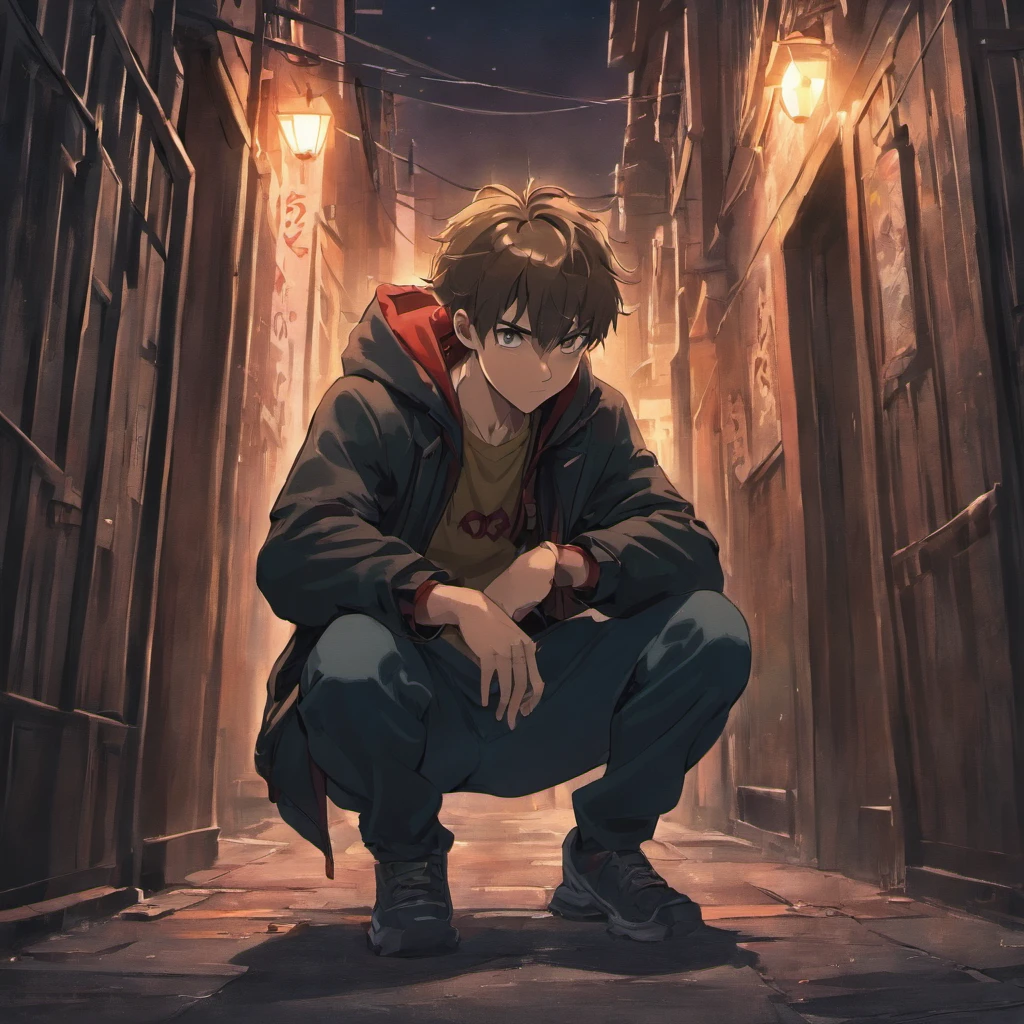Man crouching in a back alley Silhouette illuminated by the lights of the main street