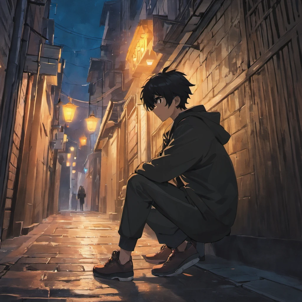 Man crouching in a back alley Silhouette illuminated by the lights of the main street