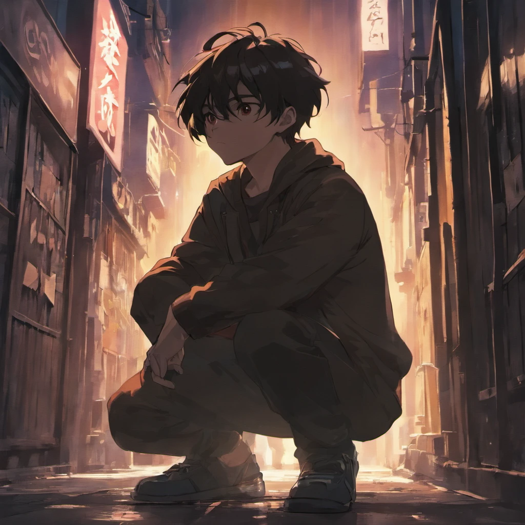 Man crouching in a back alley Silhouette illuminated by the lights of the main street