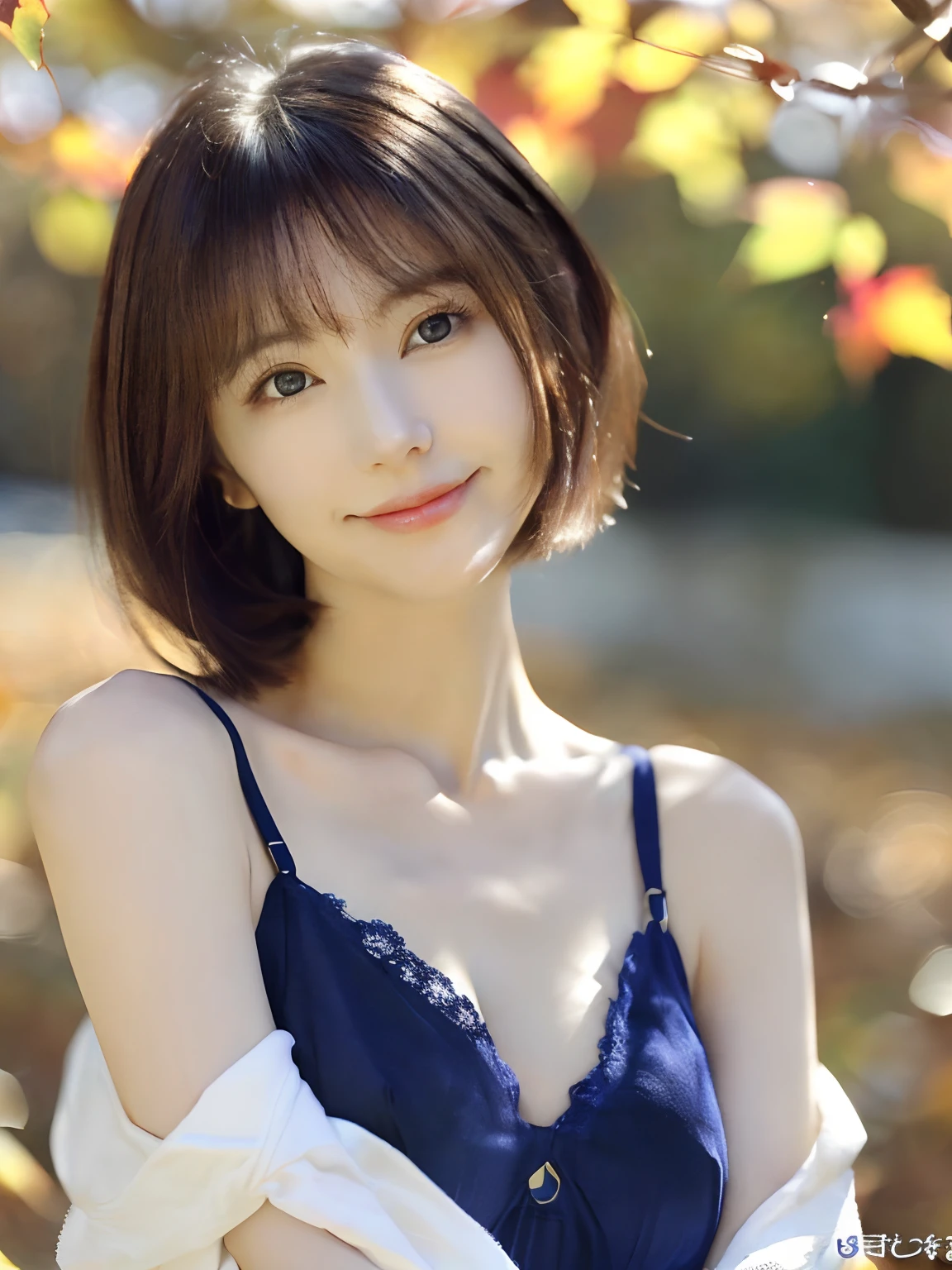 (a closeup:1.4)、 (Raw photography:1.2)、(Photorealsitic:1.4)、(masterpiece:1.3)、(top-quality:1.4)、dream-like、(A detailed eye)、(detailed facial features)、((Detailed clothing)、(Photorealsitic:1.4)、、(top-quality:1.4)、dream-like、(A detailed eye)、(detailed facial features)、(detailed clothes features)、skin tightening、(Slender girl)、(Slim Girl)、1 girl in、(full body Esbian)、(独奏)、cute little、(breastsout)、bangss、bangss、straight haired、black eyes of pale color、(top-quality、8K、32K、masterpiece、nffsw:1.2)、Cute Japan Female Pictures、 独奏、girl1、(Colossal tits)、(Firm double eyelids Only one very beautiful woman、very extremely beautiful、Gaze looking directly at the camera、Golden Ratio Face、The body of the golden ratio、perfect bodies、face perfect、perfect chest、big breasts looking directly at the camera、 Chest close、Very beautiful breasts、Coquettish smile、Very happy smile、big eye、 highlight in eyes、clear double eyelids、Eye lashes、long neck、Beautiful short hair、A dark-haired、bangss、thick bangs、Clean bangs、Clean collarbone、Clean snow-white background、Heavenly sky background、Crystal clear and overwhelming charm、 Attractive natural light、age19、skin tightening、(Slender girl)、(Slim Girl)、(1 girl in)、(独奏)、cute little、(breastsout)、bangss、bangss、straight haired、black eyes of pale color、Cute Japan Female Pictures、独奏、one girls、(Big eyes)、(Tall lady)、pretty pose、(((Just cute、Attractive woman))) ((Autumn leaves on background)) (Dark blue camisole))