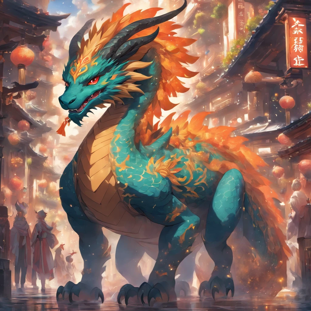 Zodiac Dragon Hairy Dragon, ,Big eyes, Wear festive clothes, Standing on the side of the street, Ancient style, Artistic touch，SNES Painting