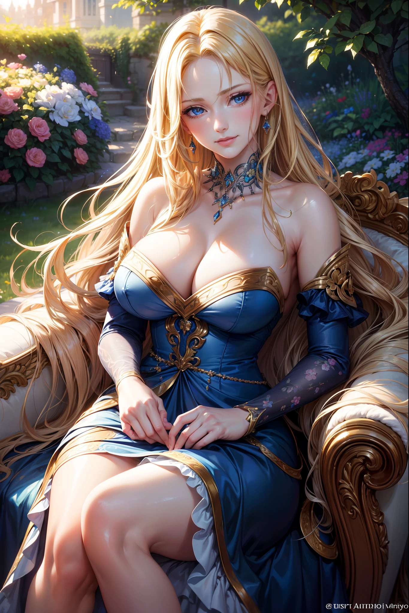 (Best Quality, hight resolution, masutepiece:1.2), Ultra-detailed, Realistic:1.37, Fine Art, Oil Painting, European and American face, Perfect face, Long Blonde Hair, beautiful detailed blue eyes, wildly attractive, Elegant woman, Vibrant colors, Soft lighting, seducting smile, A flowing dress, lush garden, blooming flowers, gentle wind