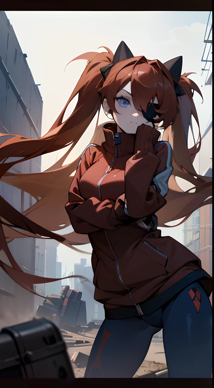 A girl with long auburn hair and dark blue eyes. Her hair is loose, with the flanks held in twin tails, Wearing a red jacket, covering her left eye with a black eyepatch, wearing a black cap, holding a can of coffee, standing in front of a collapse building