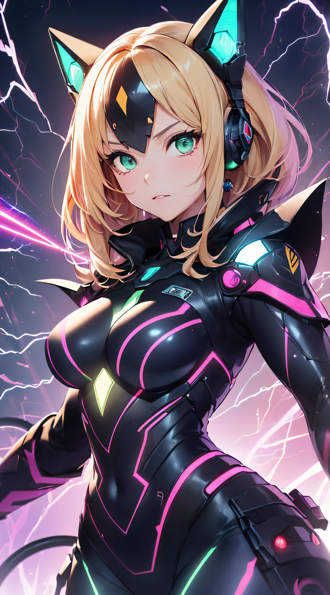 top-quality、Top image quality、masterpiece、Android Girl((18year old、Red, Black and blue glowing cybersuit、Blue energy source for the chest,Best Bust、Bust 90、Blonde Away Tail、Blue-green eyes、open chest wide、Valley、Happiness、A slender、Warlike face、Stand at the front、Countless cable connections throughout the body、Particles of light、Sharp claw arm))hiquality、Beautiful Art、Background with((Blue lighting、Green particles、Red Laser Pointer、Purple swirl,Yellow flash、Pink lightning))、masutepiece、Elaborate design、visualart、Theatrical films
