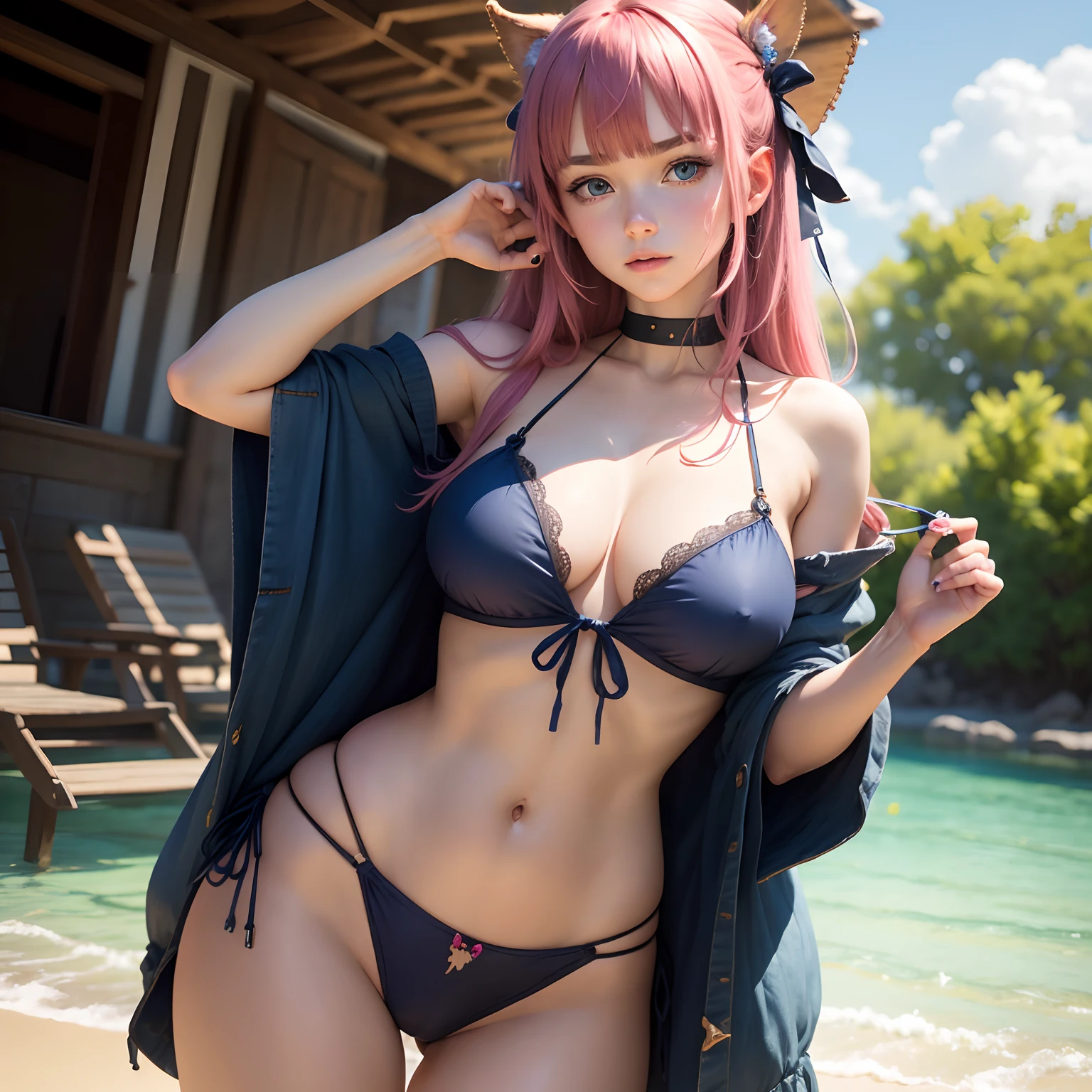 8k, masterpiece, best quality, realistic, higly detailed, cowboy shot, 1girl, solo, Nino, cute, cold-looking girl, waist-length straight hair, square bangs hanging over eyebrows, reddish-pink hair, twin butterfly-shaped ribbons on both sides of head, dark blue eyes, average height, well-endowed figure, large breasts, fashionable girl, various cute accessories, takes care of nails, Swimsuit