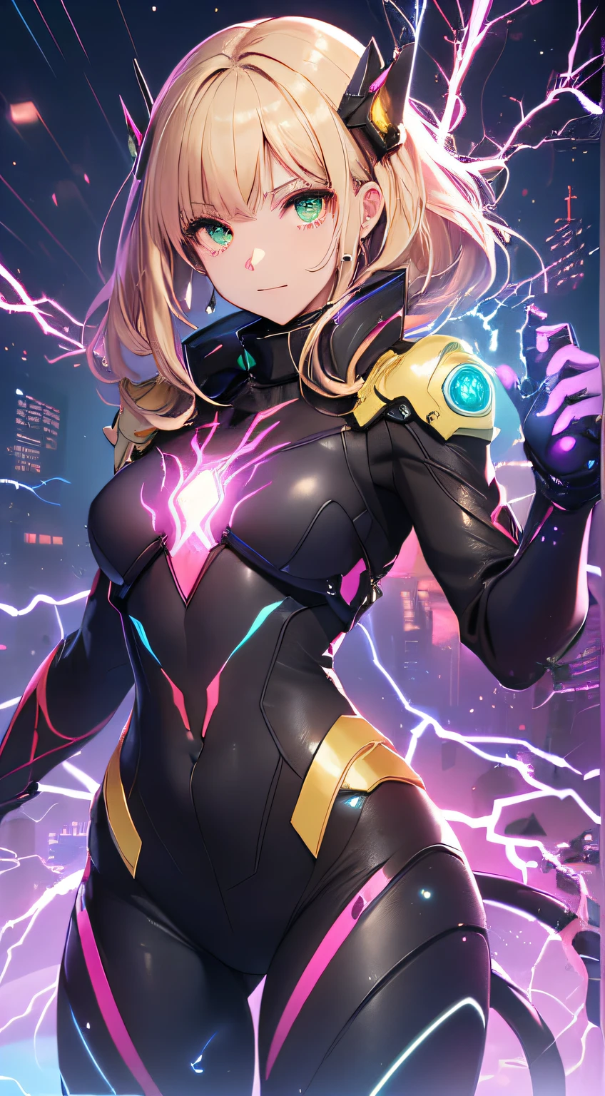 top-quality、Top image quality、masterpiece、Android Girl((14years、Red, Black and blue glowing cybersuit、Blue energy source for the chest,Best Bust、Bust 90、Blonde Away Tail、Blue-green eyes、open chest wide、Valley、Happiness、A slender、Warlike face、Stand at the front、Countless cable connections throughout the body、Particles of light、Sharp claw arm,Laser Cannon))hiquality、Beautiful Art、Background with((Blue lighting、Green particles、Red Laser Pointer、Purple swirl,Yellow flash、Pink lightning))、masutepiece、Elaborate design、visualart、Theatrical films