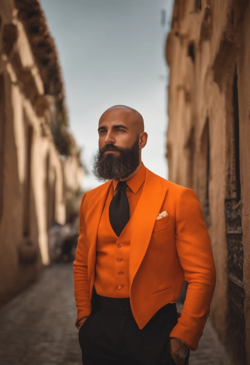 homme fort, couleur de peau mate, origine tunisien, Real, detailded, 4K, HDR, Chef d'oeuvre, dans une ville de style belgique, barbu, chauve, Shaved head, portant une veste orange fluo, bien voyante