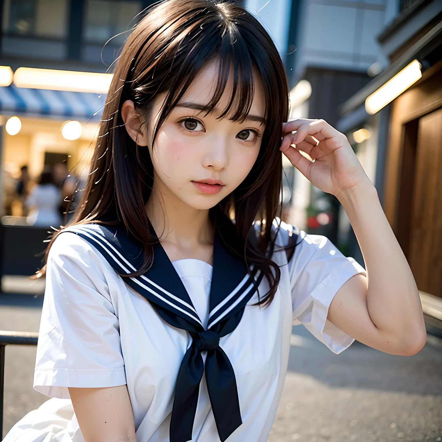 8K, highest quality, masterpiece, Super detailed, ultra high resolution, realistic, RAW photo, absolute resolution, Body 8 times longer than head, (High-definition CG Unity 8K), (highest quality)，(very detailed)，(ultra high resolution), black hair, sailor suit, 紺色のsailor suit, sailor suitを着た女子高生, dark blue skirt, anime 2d rendering, realistic young anime , ((white headband)), small breasts, expensive, slanted eyes, (school scenery), black stockings, during the day, open your mouth a little, smile, straight hair, long hair, Detailed view of the face, small face compared to body,