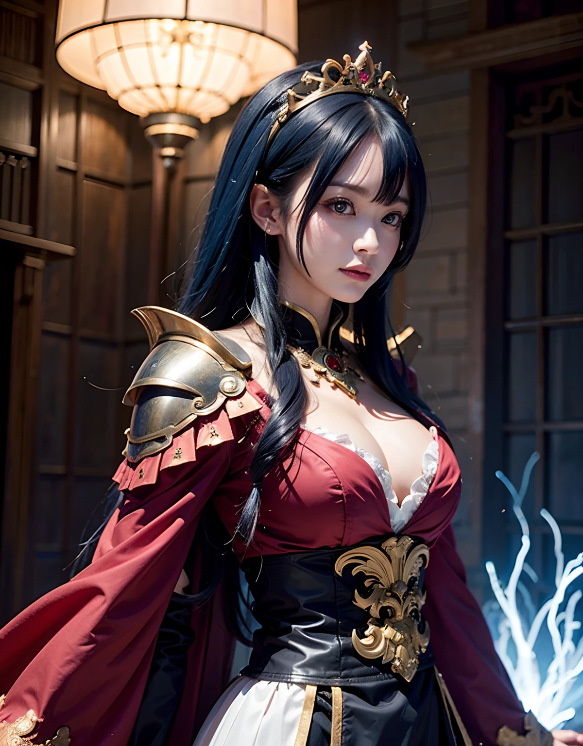 Professional , masterpiece、top-quality、photos realistic , 、top-quality、超A high resolution、(Photorealsitic:1.4)、Raw photo、depth of fields (Gemstone Gold Metal Body:1.9),(Matte White、Toostock、cleavage of the breast、(cleavage of the breast)、(Detailed Dragon Armor)、(Have the strongest weapon)、((Random Hairstyles 1.6),Dark Fantasy,)explosions、intense fighting、(Precipitous cliffs),Dragon Gold Weapon,Mystical expression、Particles of light、Fight dragons、(Detailed Dragon Helmet),Gorgeous Silver Weapons ,(( Dragon's dense and gorgeous sword)) , Beautiful knife ,warhammer 40k ,Detail and gorgeous crown、((Blue hair))、(Castle background)、、((Gangle's forest background))、Beautiful Caucasian beauty、1a person、dynamic ungle,((()))、Smaller head、A smile、Castle background、Thin and beautiful female hands、cleavage of the breast、Soldier in iron armor on background、Mystical expression、Light Effects、intense fighting、Wind-effect、magic circles、With the legendary magic wand、(demonic wings)、Toostock、