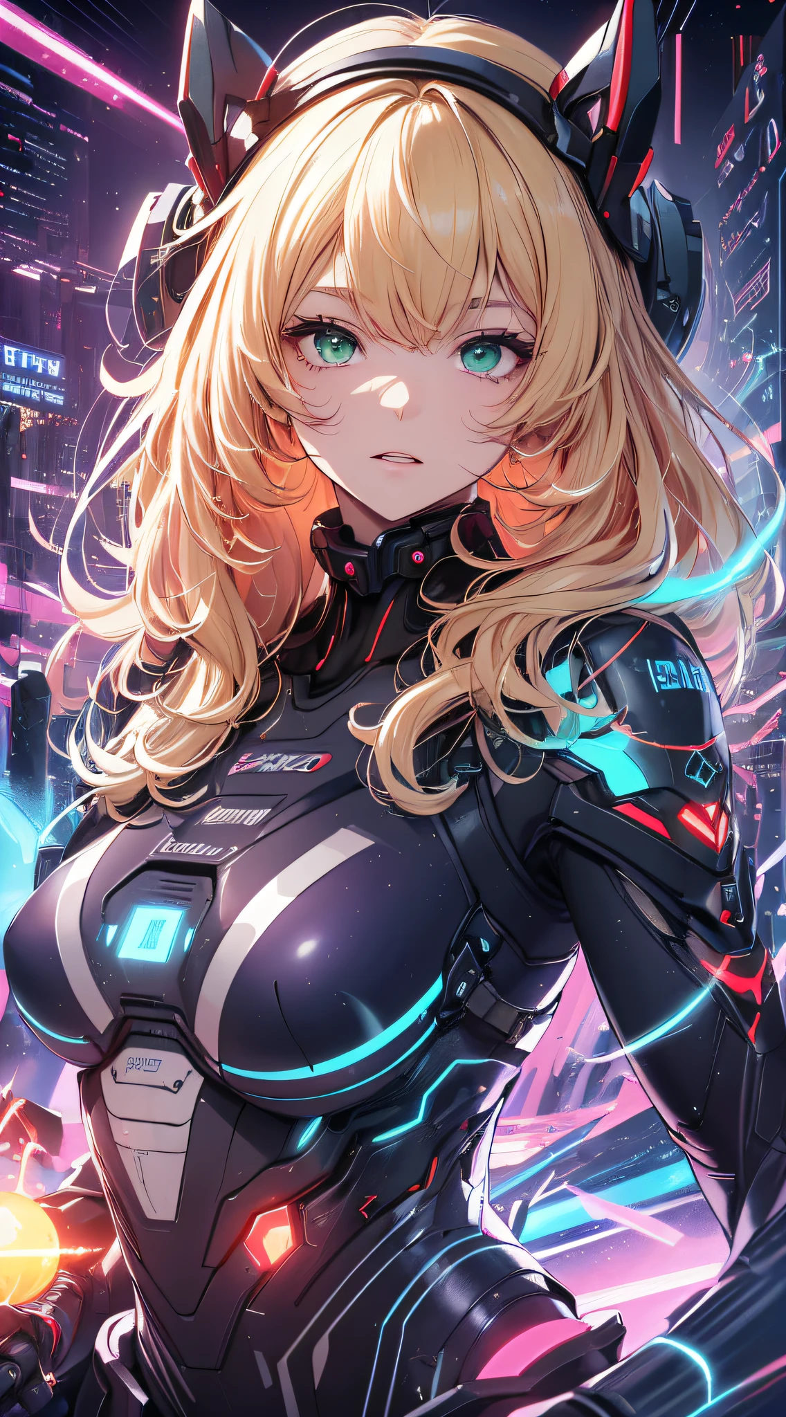 top-quality、Top image quality、masterpiece、Android Girl((sixteen years old、Red, Black, red and white glowing cybersuit、Blue energy source for the chest,Best Bust、Bust 90、Blonde Away Tail、Blue-green eyes、open chest wide、Valley、Happiness、A slender、Warlike face、Stand at the front、Countless cable connections throughout the body、Particles of light、Sharp claw arm,Dual-arm laser cannon、Bruised body、battleing、Giant Cybersword、Flight Units))hiquality、Beautiful Art、Background with((Blue lighting、Green particles、Red Laser Pointer、Purple swirl,Yellow flash、Pink lightning、Cyberfield、luminous sky))、masutepiece、Elaborate design、visualart、Theatrical films