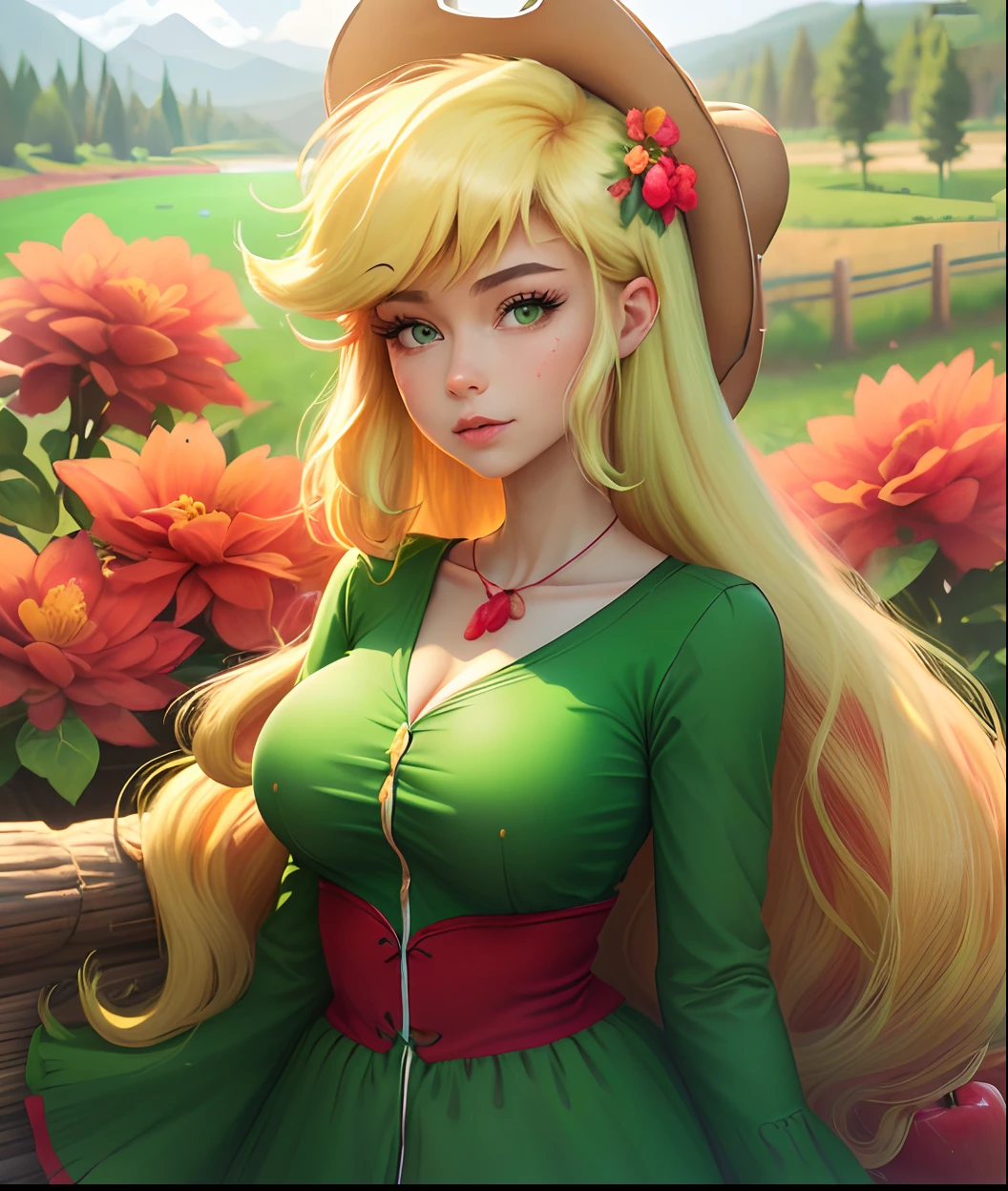 Apple Jack, Apple Jack from my Little Pony, Apple Jack in the form of a girl, long hair, voluminous breasts, very large breasts, lush breasts, bulging breasts, green and red dress, cow boy hat, picks apples, forest background, apple farm, emerald eye, blonde yellow hair, big bright green eyes, ((white fence)), ((river with flowers)), red and green flowers around her, highly detailed trees, bushes of flowers