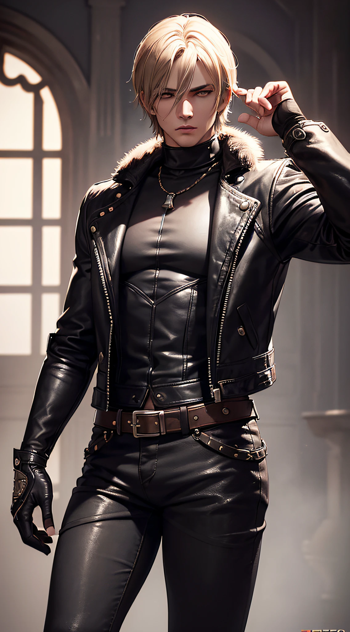 1boy, Cowboy shot from Re4Leon, leather jacket with fur trim,  long sleeves, black jeans, voluminous lighting, athletic, Best Quality, Masterpiece, intricate details, tonemapping, sharp-focus, hyper detailed, Trending on ArtStation, looking a viewer, Realistic