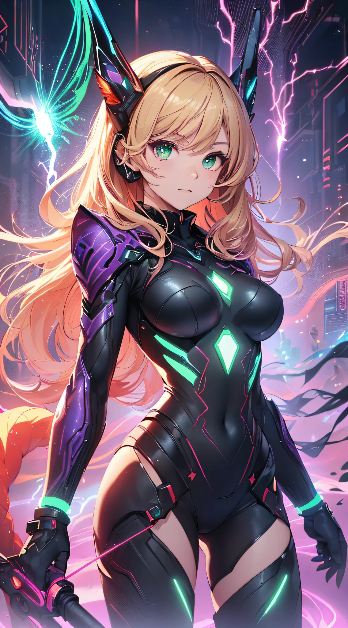 top-quality、Top image quality、masterpiece、Android Girl((18year old、Red, Black and blue glowing cybersuit、Blue energy source for the chest,Best Bust、Bust 90、Blonde Away Tail、Blue-green eyes、open chest wide、Valley、Happiness、A slender、Warlike face、Stand at the front、Countless cable connections throughout the body、Particles of light、Sharp claw arm,Laser cannon))hiquality、Beautiful Art、Background with((Blue lighting、Green particles、Red Laser Pointer、Purple swirl,Yellow flash、Pink lightning))、masutepiece、Elaborate design、visualart、Theatrical films
