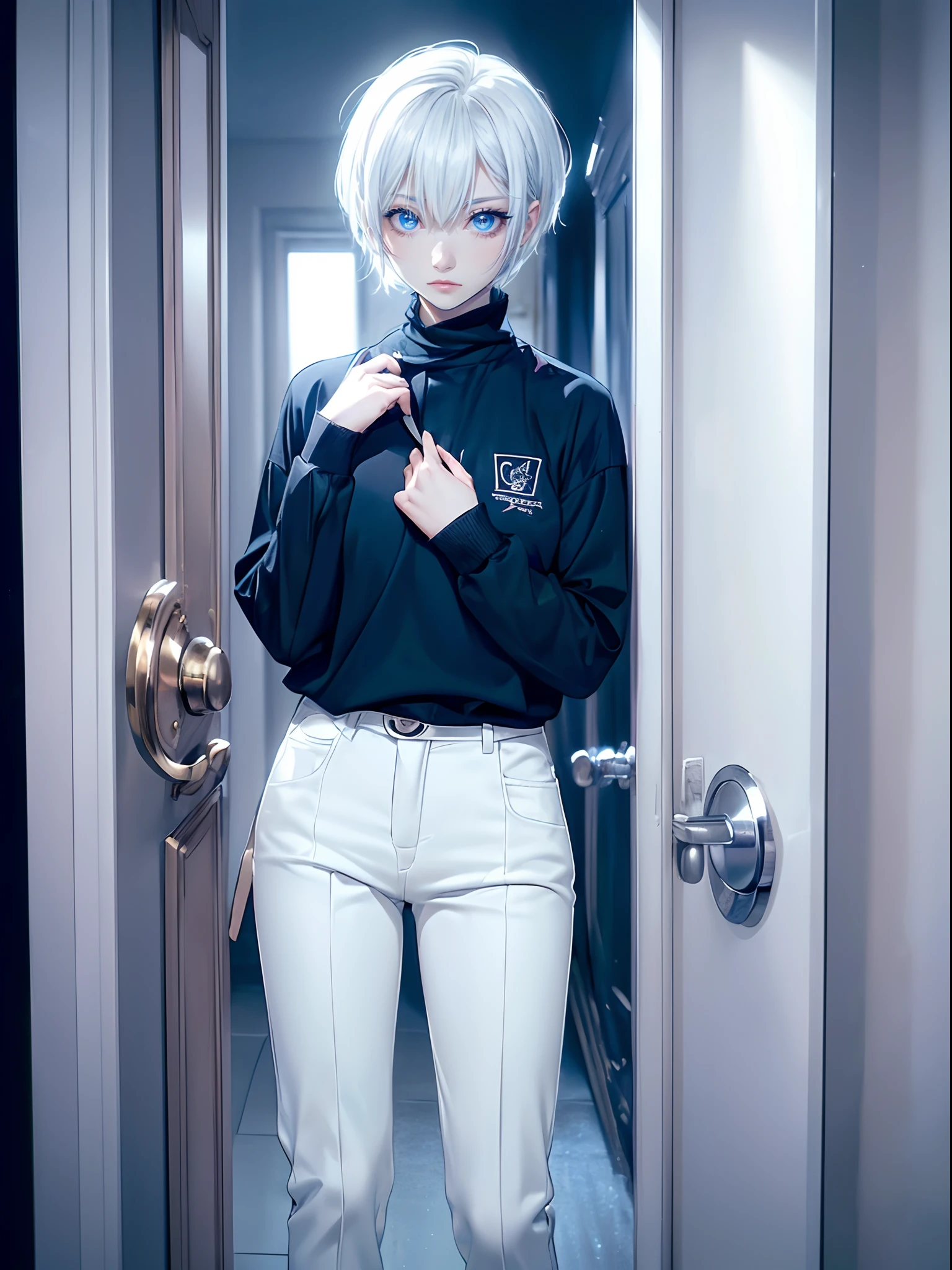 ((4K works))、​masterpiece、(top-quality)、One Beautiful Girl、Slim body、tall、((Black Y-shirt and white pants、Charming street style))、Please wear one jacket、Wearing a hood to hide his face、(Detailed beautiful eyes)、room at night、((Changing clothes))、((Peeking at him through the door of the room))、((Pitch black room at night))、((Face similar to Carly Rae Jepsen))、((Short-haired white hair))、((Smaller face))、((Neutral face))、((Bright blue eyes))、((American adult women))、((Adult female 26 years old))、((cool lady))、((Like a celebrity))、((deadpan))、((Korean Makeup))、((elongated and sharp eyes))、((Happy dating))、((boyish))、Professional Photos、((Shot alone))、((He is dressed))、((He stands in front of the viewer))、((shot from front))、((Voyeur of him while changing clothes))