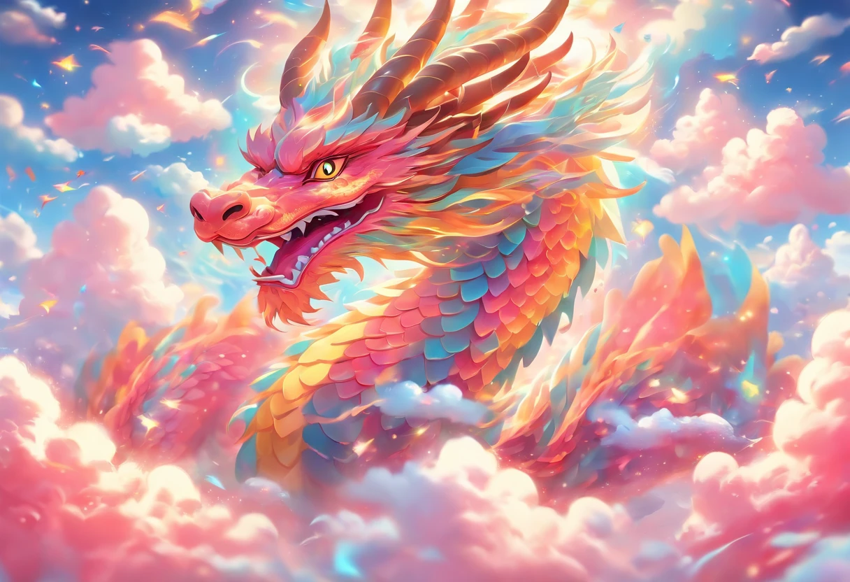 Best Quality, masterpiece, Cute iridescent Asian dragon playing with clouds and wind in the sky, isometric, beautiful concept art, optic